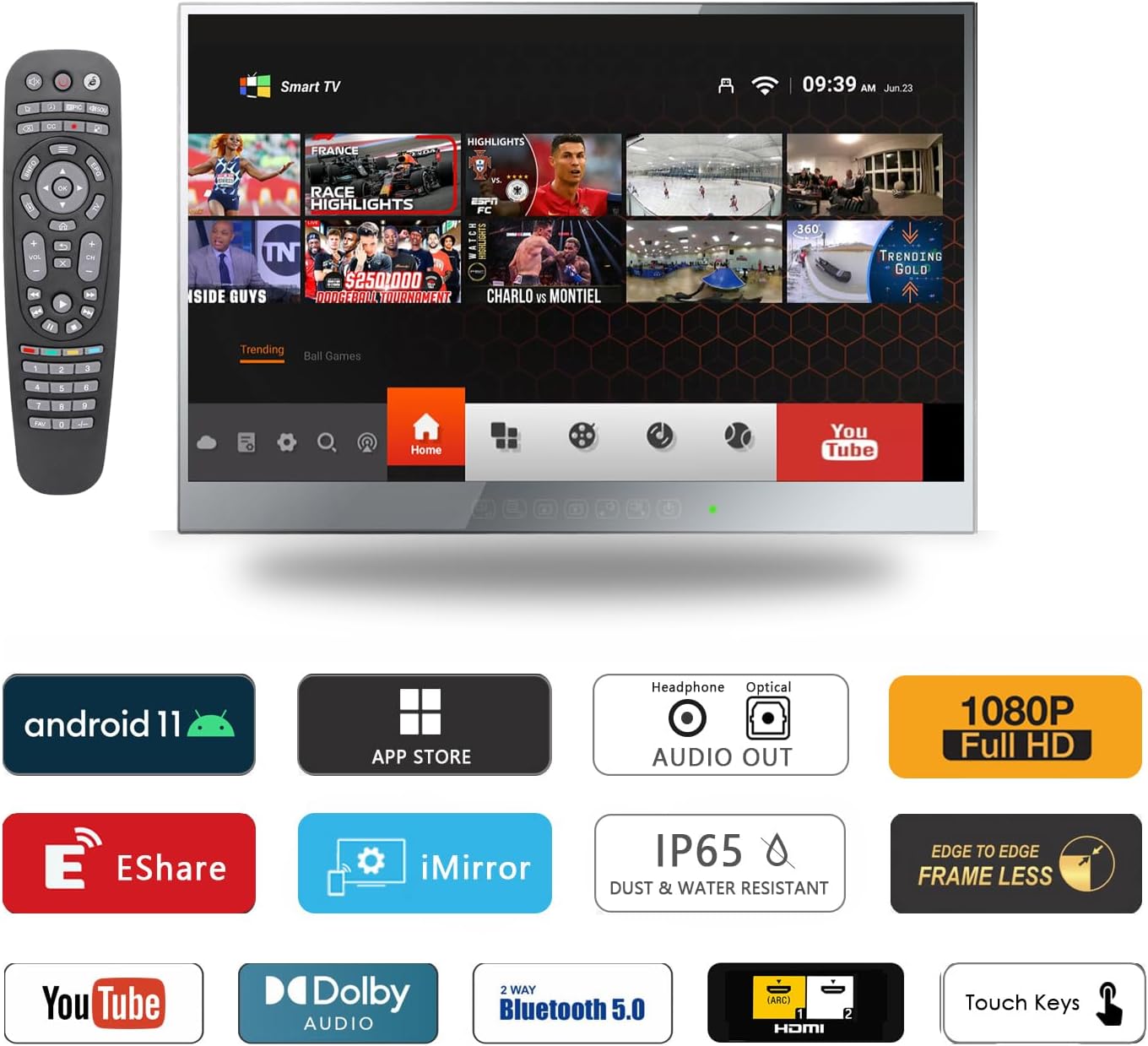 Smart TV UHD 4K elecsung da 32 pollici per bagno, pannello touch a specchio, con sintonizzatore analogico e digitale, impermeabile IP65, WiFi, Bluetooth, altoparlanti integrati, sistema Android 11.0, modello 2024