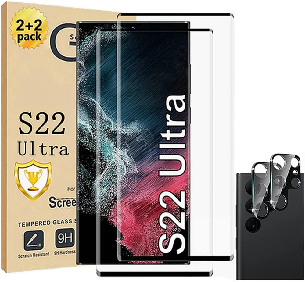Galaxy S22 Ultra Screen Protector, 2 Pack S22 Ultra Tempered Glass Screen Protector, 2 Pack Camera Lens Protector, 9H Hardness Tempered Glass Screen Protector for Samsung Galaxy S22 Ultra【2 2 Pack】