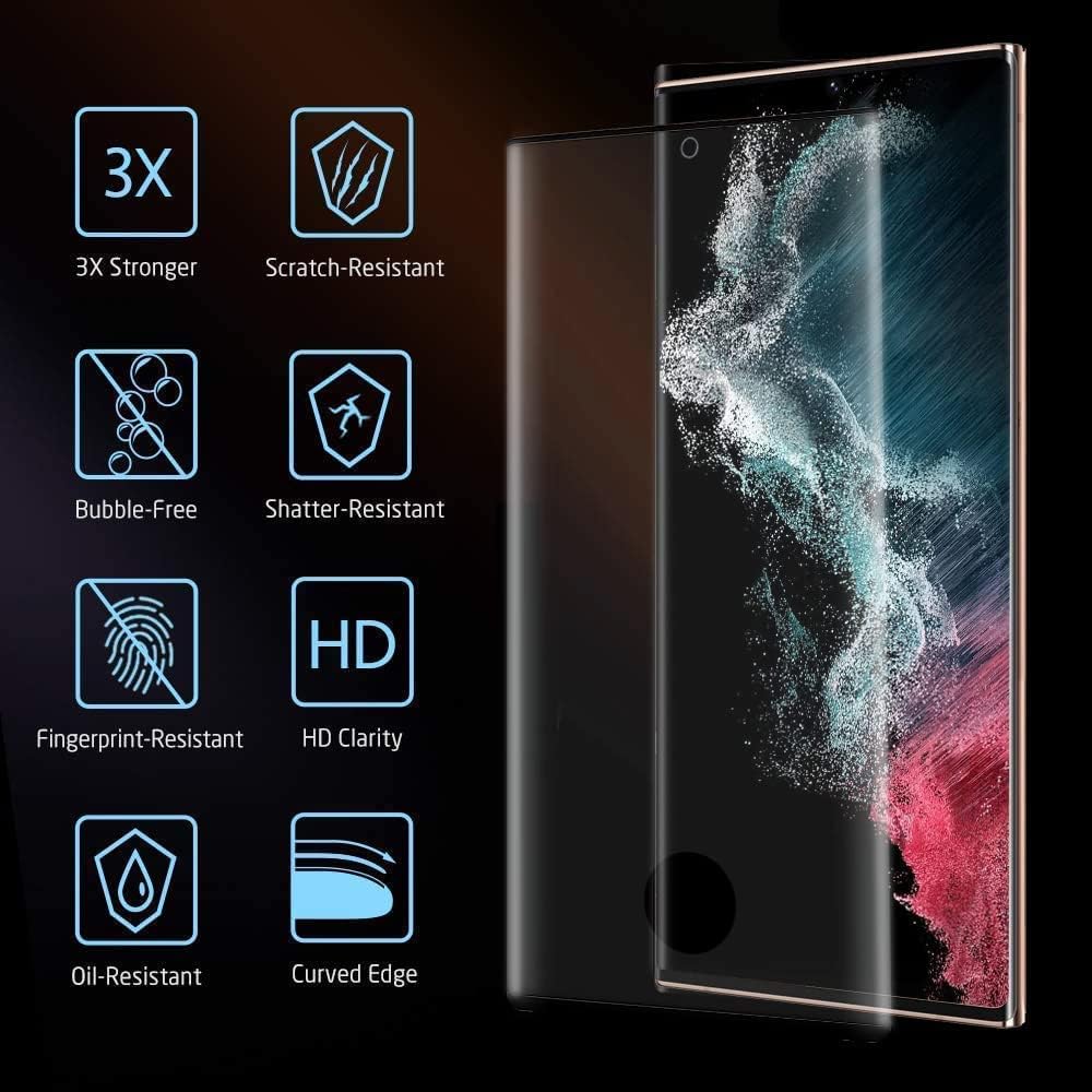 واقي شاشة Galaxy S22 Ultra، قطعتان من واقي شاشة S22 Ultra المصنوع من الزجاج المقوى، قطعتان من واقي عدسة الكاميرا، واقي شاشة من الزجاج المقوى بقوة 9H لهاتف Samsung Galaxy S22 Ultra【2 عبوة】