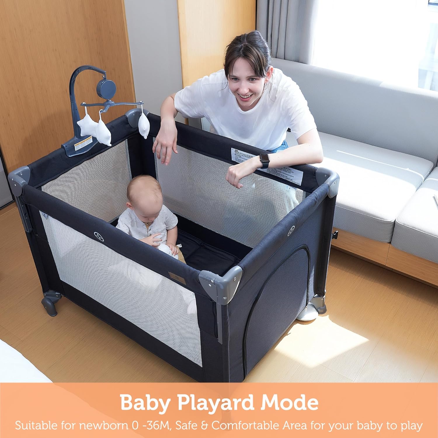 5-in-1-Babywiege, Nachttisch, Babypack und Spiel mit Stubenwagenmatratze, tragbares Nachttischbett mit Stauraum, Babyspielplatz mit Stubenwagen für Neugeborene bis Kleinkinder (Dunkelgrau) (Hellgrau)