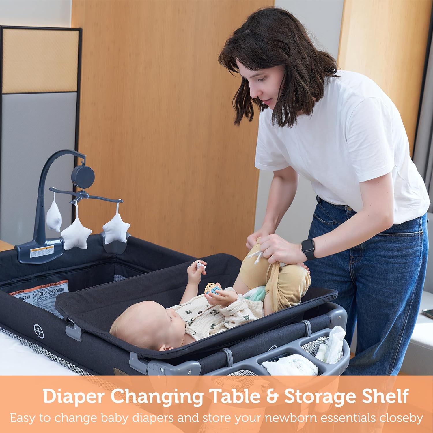 5-in-1-Babywiege, Nachttisch, Babypack und Spiel mit Stubenwagenmatratze, tragbares Nachttischbett mit Stauraum, Babyspielplatz mit Stubenwagen für Neugeborene bis Kleinkinder (Dunkelgrau) (Hellgrau)