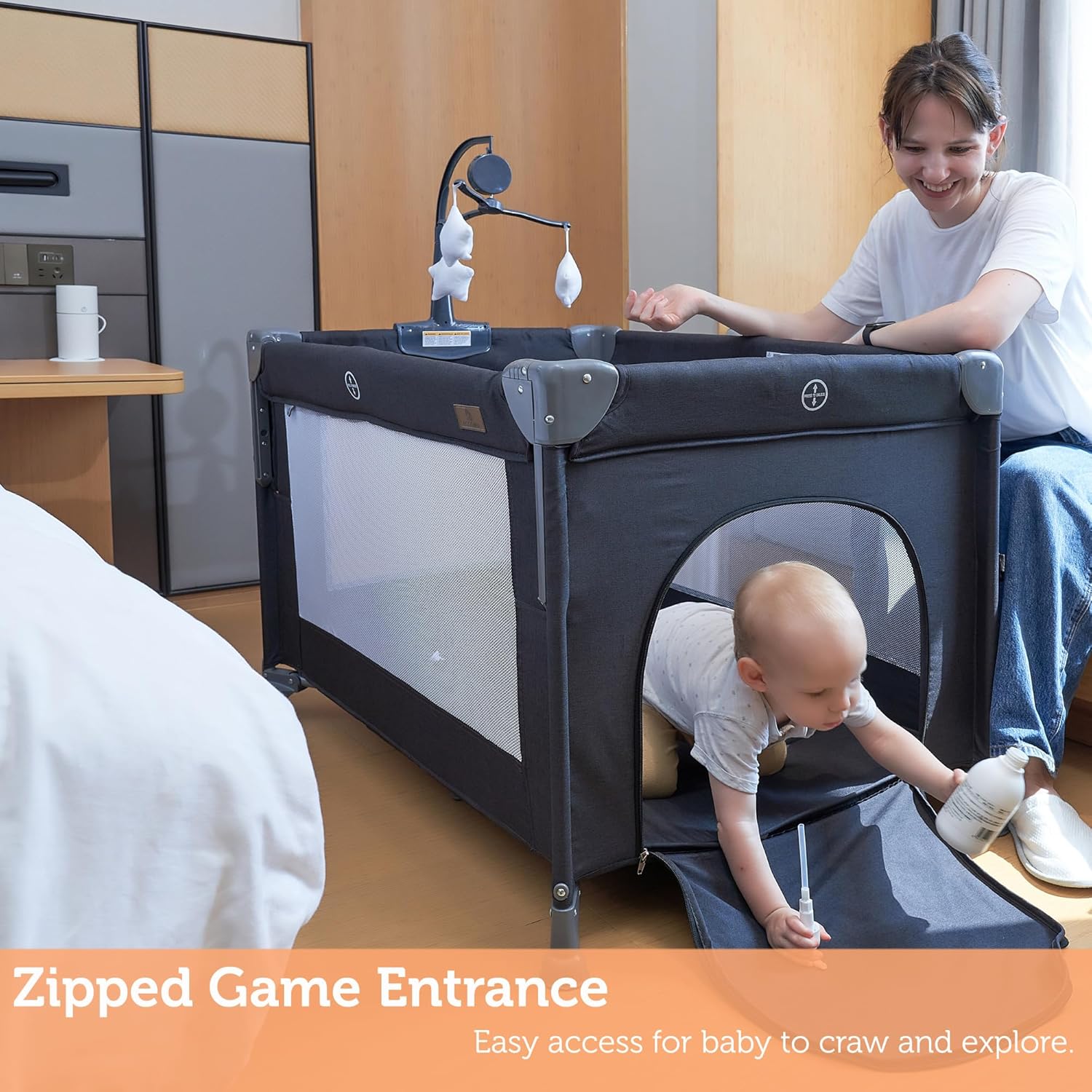 5-in-1-Babywiege, Nachttisch, Babypack und Spiel mit Stubenwagenmatratze, tragbares Nachttischbett mit Stauraum, Babyspielplatz mit Stubenwagen für Neugeborene bis Kleinkinder (Dunkelgrau) (Hellgrau)