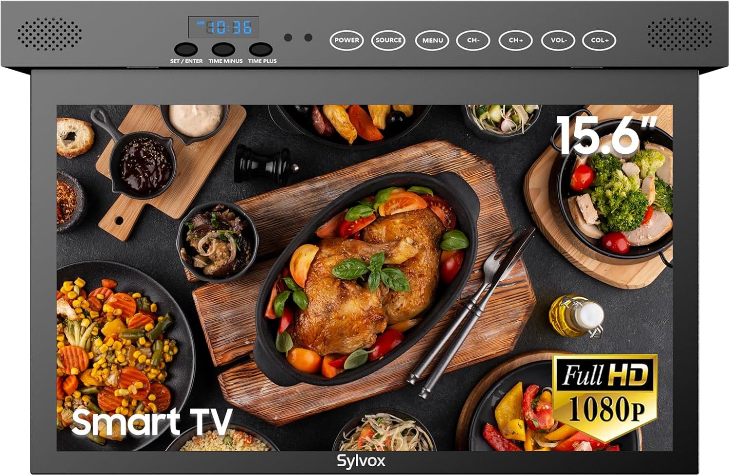 SYLVOX キッチンテレビ、15.6インチキャビネット下テレビ、キッチン用テレビ、スマートテレビ内蔵APPストア、WiFi Bluetooth対応、RVキャンピングカー、寝室、ボート用1080P小型テレビ