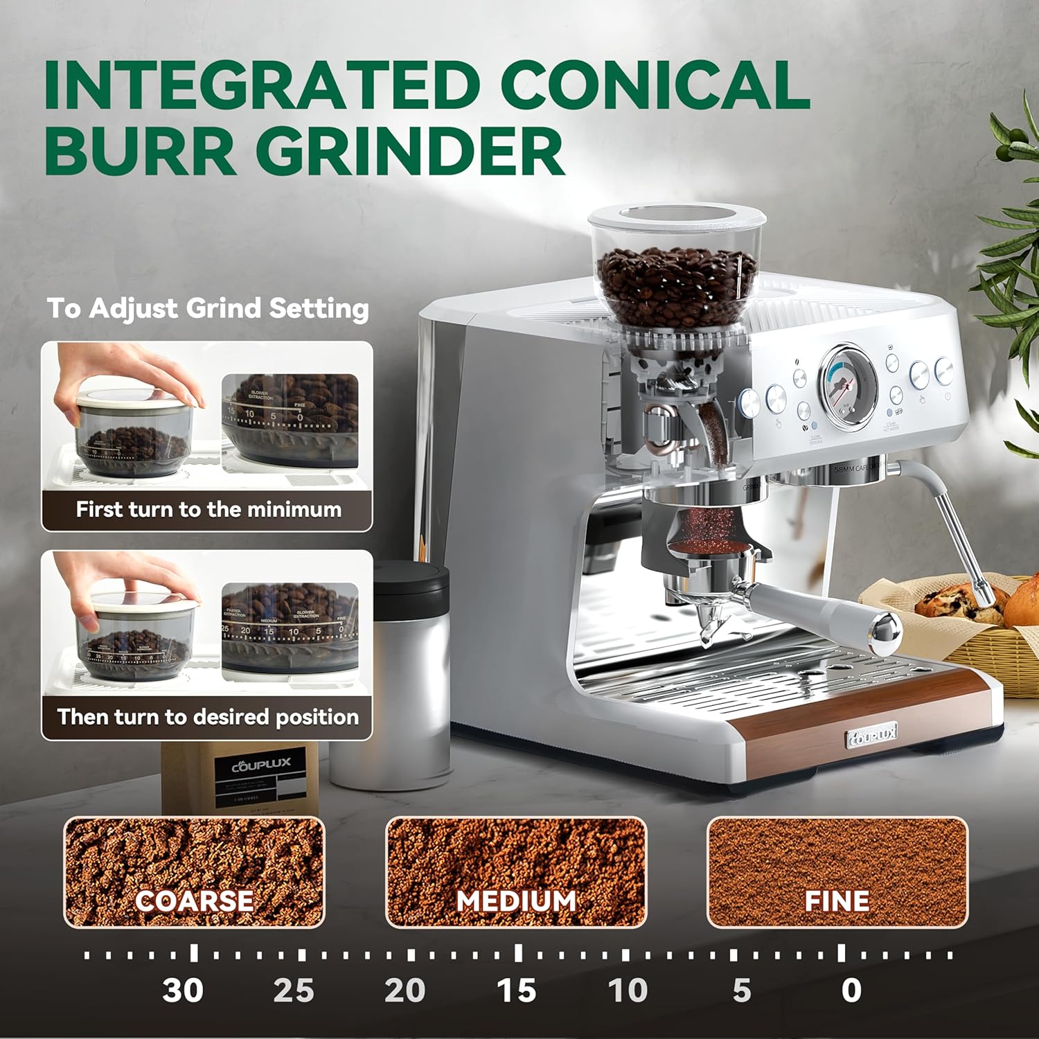 Espresso Machine with Grinder, 20 Bar Espresso Maker All in One Coffee Machine, Cafe Espresso Machine with Milk Frother for Latte Cappuccinos Coffee Maker, 2.8L Water Tank, 58MM Portafilter · v2