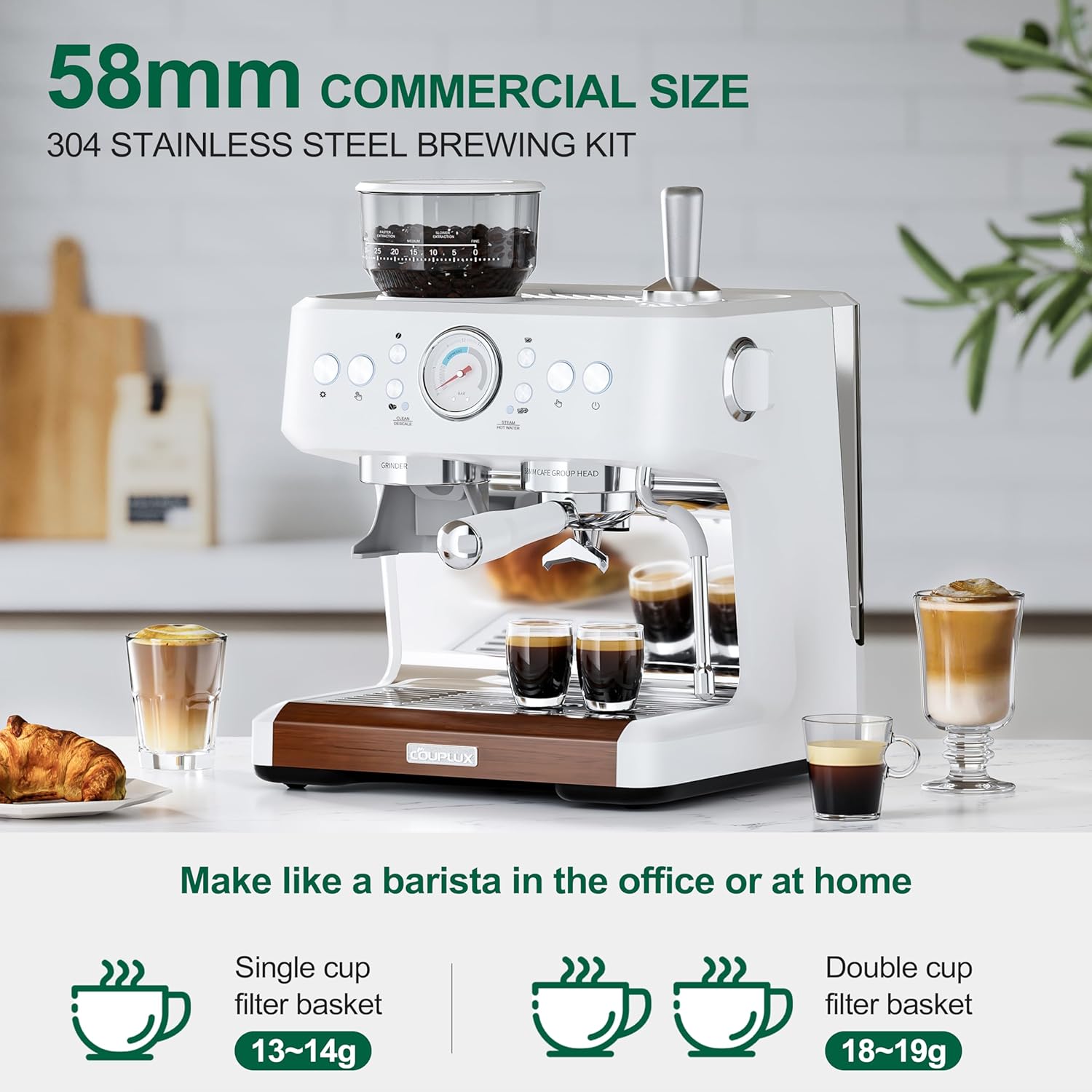 Espresso Machine with Grinder, 20 Bar Espresso Maker All in One Coffee Machine, Cafe Espresso Machine with Milk Frother for Latte Cappuccinos Coffee Maker, 2.8L Water Tank, 58MM Portafilter · v2