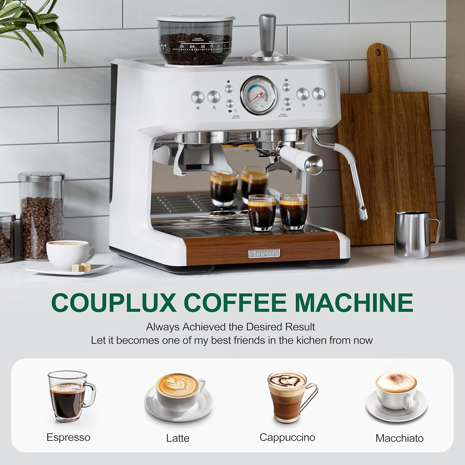 Espresso Machine with Grinder, 20 Bar Espresso Maker All in One Coffee Machine, Cafe Espresso Machine with Milk Frother for Latte Cappuccinos Coffee Maker, 2.8L Water Tank, 58MM Portafilter · v2