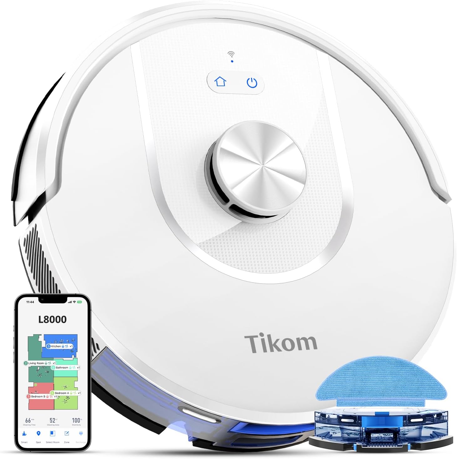 หุ่นยนต์ดูดฝุ่นและถูพื้น Tikom รุ่น L8000 Laser LiDAR Navigation Robotic Vacuum สูงสุด 150 นาที 45dB โซนห้ามเข้า 14 โซน กำแพงเสมือน 20 กำแพง ชาร์จไฟเองได้ ดีสำหรับขนสัตว์เลี้ยง พรม พื้นแข็ง สีขาว