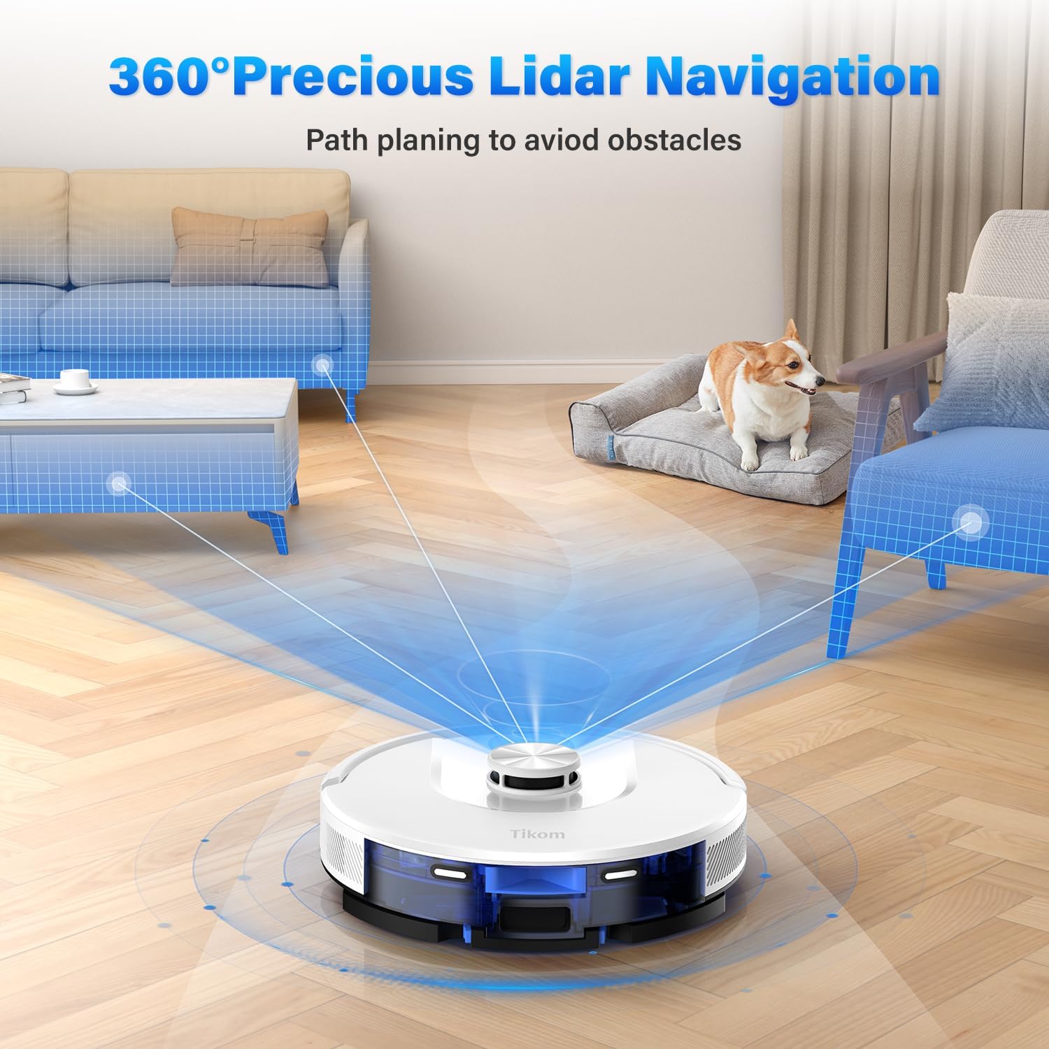 หุ่นยนต์ดูดฝุ่นและถูพื้น Tikom รุ่น L8000 Laser LiDAR Navigation Robotic Vacuum สูงสุด 150 นาที 45dB โซนห้ามเข้า 14 โซน กำแพงเสมือน 20 กำแพง ชาร์จไฟเองได้ ดีสำหรับขนสัตว์เลี้ยง พรม พื้นแข็ง สีขาว