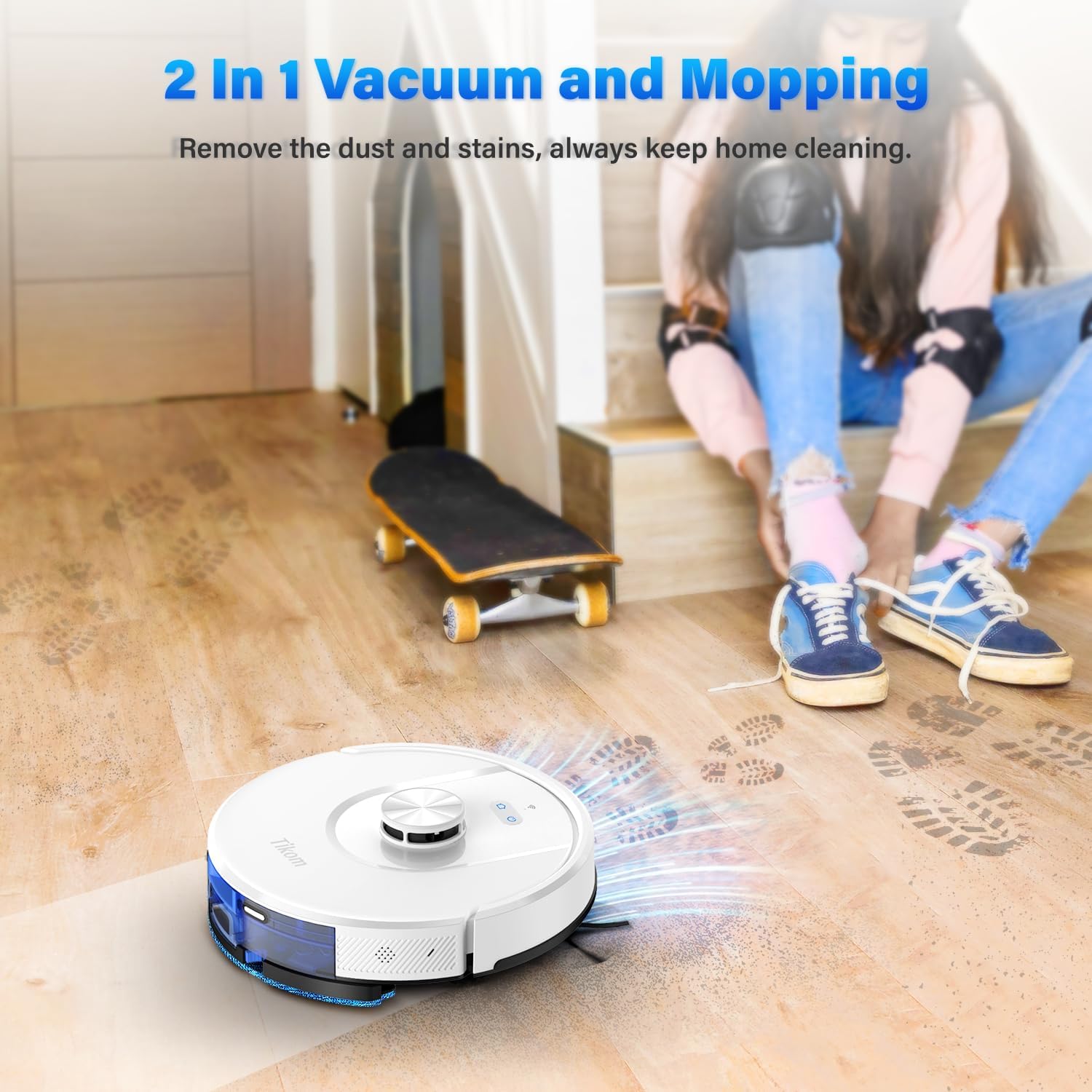หุ่นยนต์ดูดฝุ่นและถูพื้น Tikom รุ่น L8000 Laser LiDAR Navigation Robotic Vacuum สูงสุด 150 นาที 45dB โซนห้ามเข้า 14 โซน กำแพงเสมือน 20 กำแพง ชาร์จไฟเองได้ ดีสำหรับขนสัตว์เลี้ยง พรม พื้นแข็ง สีขาว