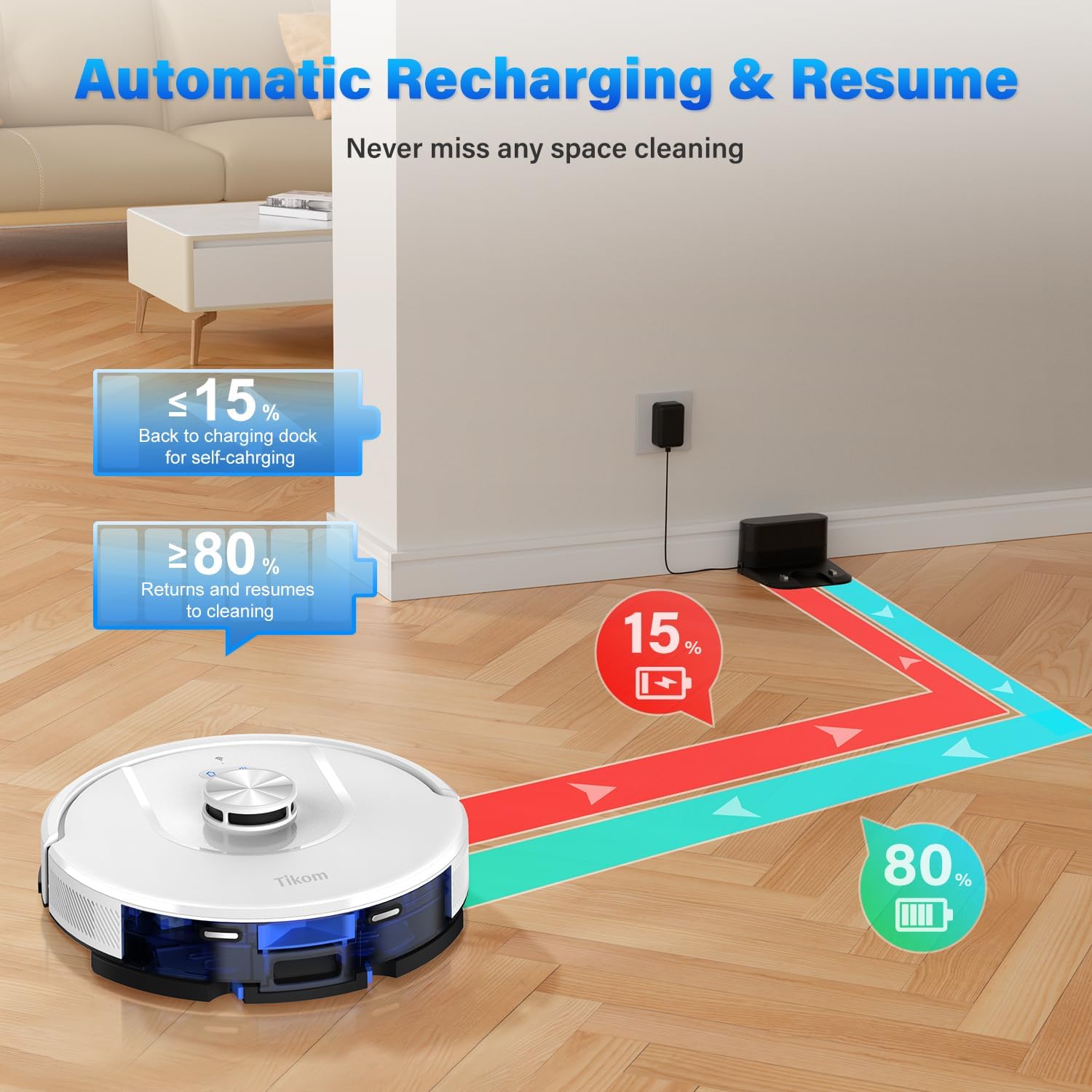 หุ่นยนต์ดูดฝุ่นและถูพื้น Tikom รุ่น L8000 Laser LiDAR Navigation Robotic Vacuum สูงสุด 150 นาที 45dB โซนห้ามเข้า 14 โซน กำแพงเสมือน 20 กำแพง ชาร์จไฟเองได้ ดีสำหรับขนสัตว์เลี้ยง พรม พื้นแข็ง สีขาว