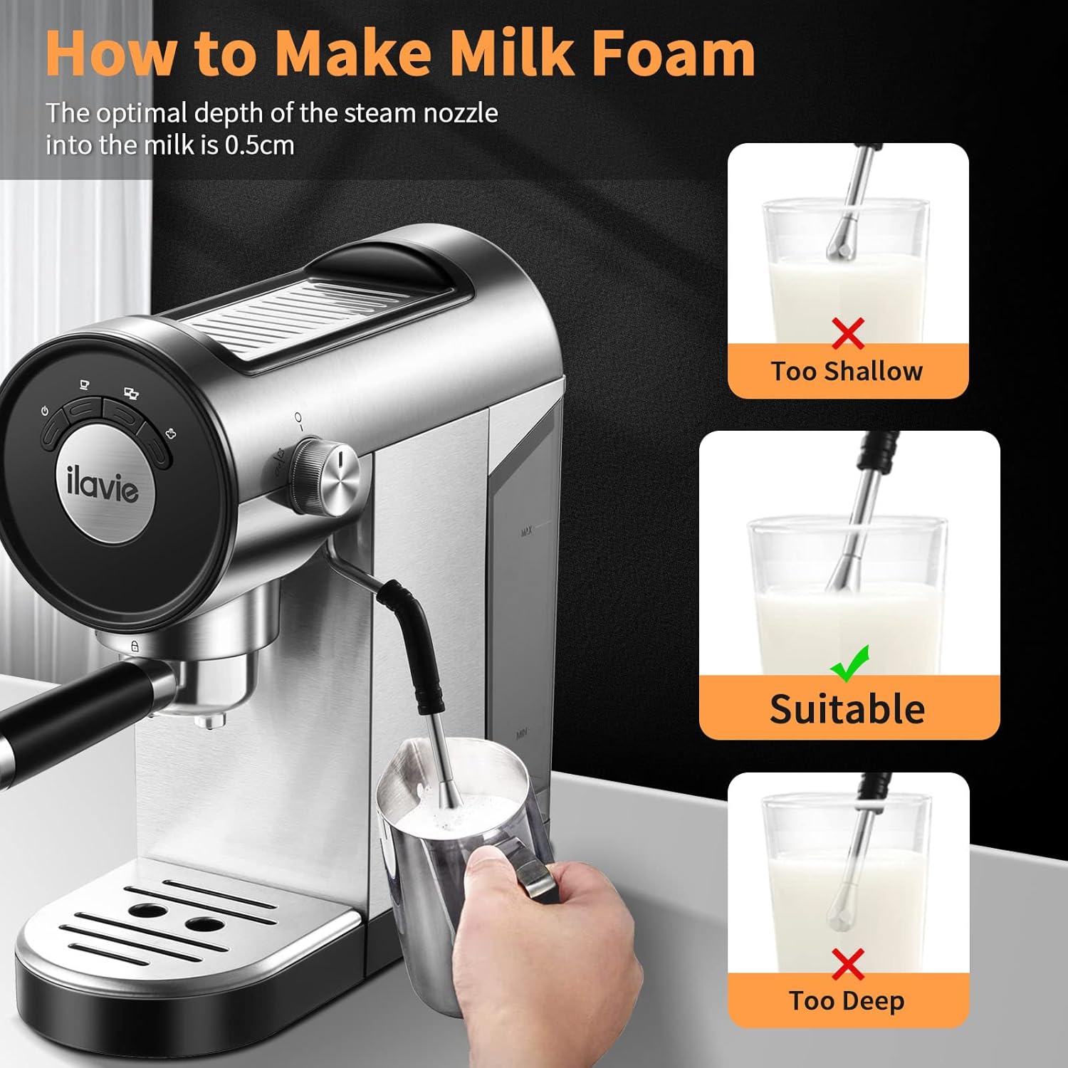 เครื่องชงเอสเพรสโซพร้อมเครื่องนึ่ง เครื่องชงกาแฟเอสเพรสโซ 20 บาร์ พร้อมถังเก็บกาแฟแบบถอดได้ 30 ออนซ์ สำหรับคาปูชิโน ลาเต้ เครื่องชงเอสเพรสโซขนาดกะทัดรัดสำหรับสำนักงานที่บ้าน กำลังไฟ 1,250 วัตต์