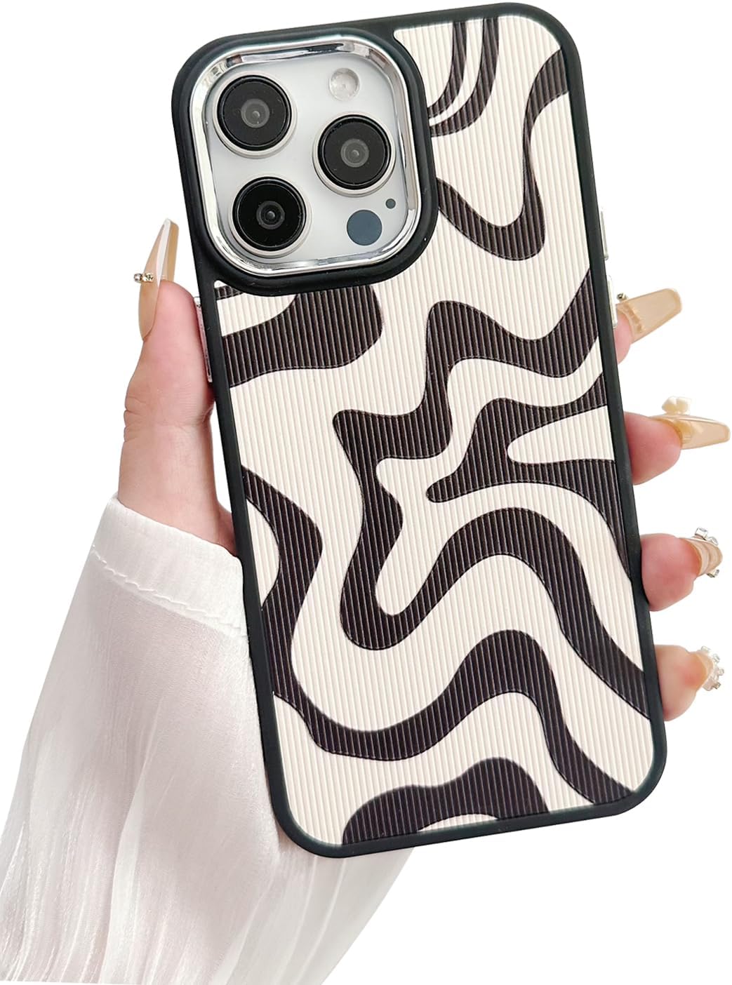 Designed for iPhone 13 Pro Max Case, Electroplated Frame Cute Case for Women Men Girls, Black Beige PU Leather TPU Protective Shockproof Slim Thin Phone Case for iPhone 13 Pro Max (Water)