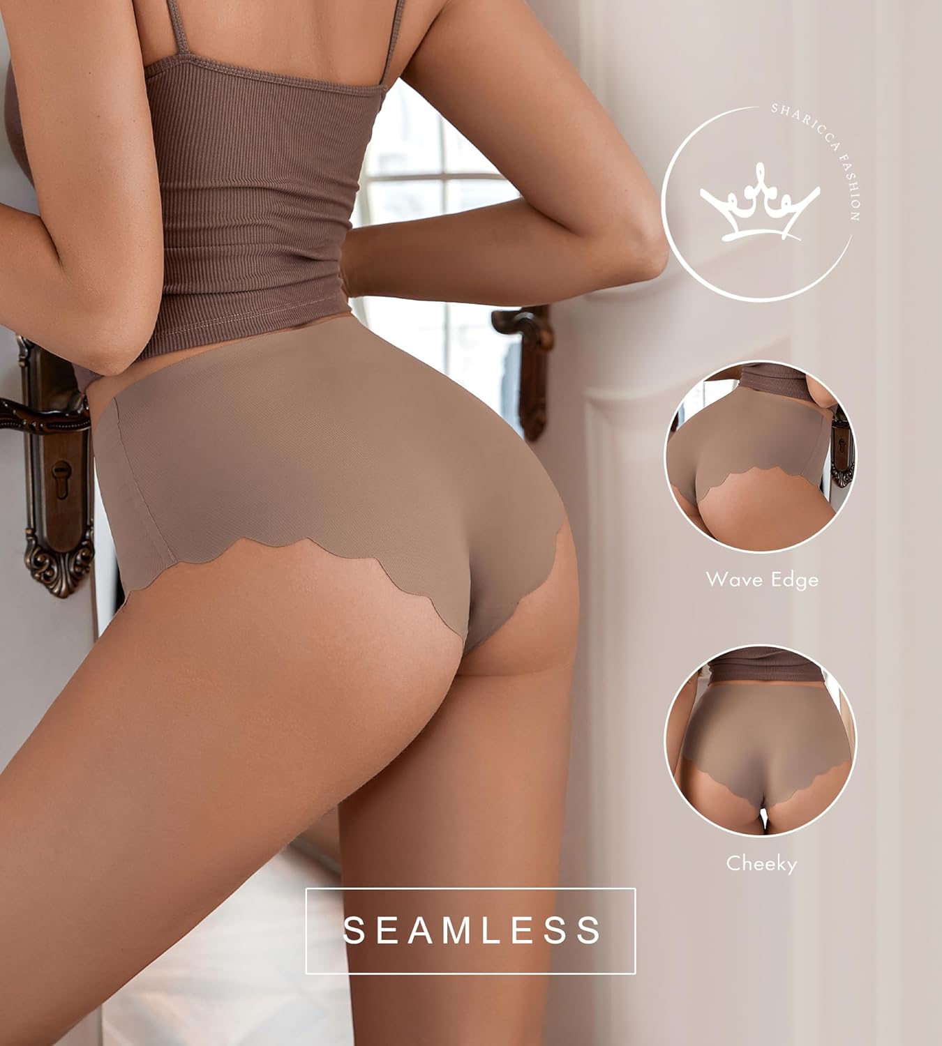 SHARICCA Celana Dalam Wanita Pinggang Tinggi Tanpa Jahitan Celana Dalam Berenda Bertepi Gelombang Celana Dalam Bikini Tanpa Tali Paket Celana Dalam Bergaris