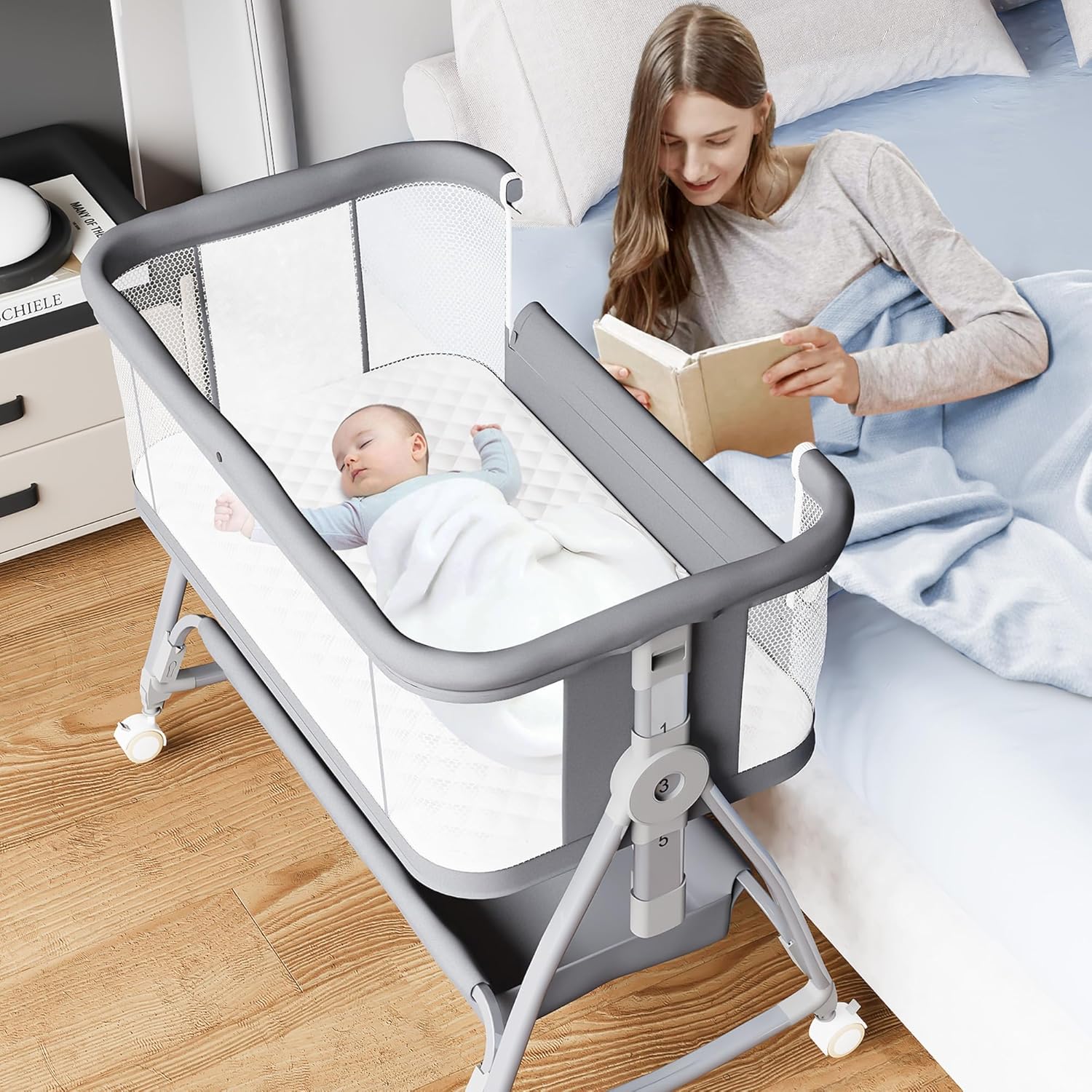 Culla per neonati, culla 3 in 1, culla per bambini, culla regolabile in altezza, culla a dondolo con ruote, portaoggetti, materasso, zanzariera, culla portatile per neonati