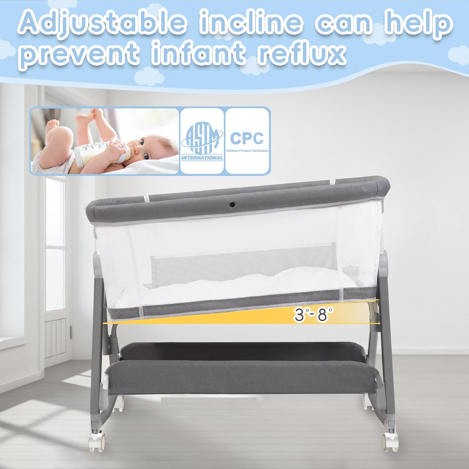 Culla per neonati, culla 3 in 1, culla per bambini, culla regolabile in altezza, culla a dondolo con ruote, portaoggetti, materasso, zanzariera, culla portatile per neonati