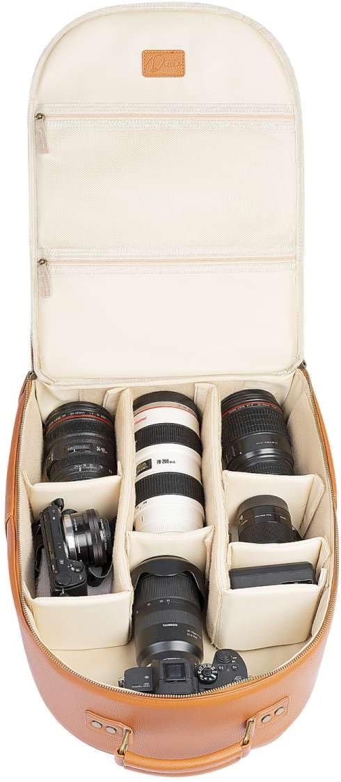 카메라 백팩 클래식 가죽 25L 16인치 노트북 수납 공간, DSLR 대형 사진작가용 전문 카메라 가방(브라운)