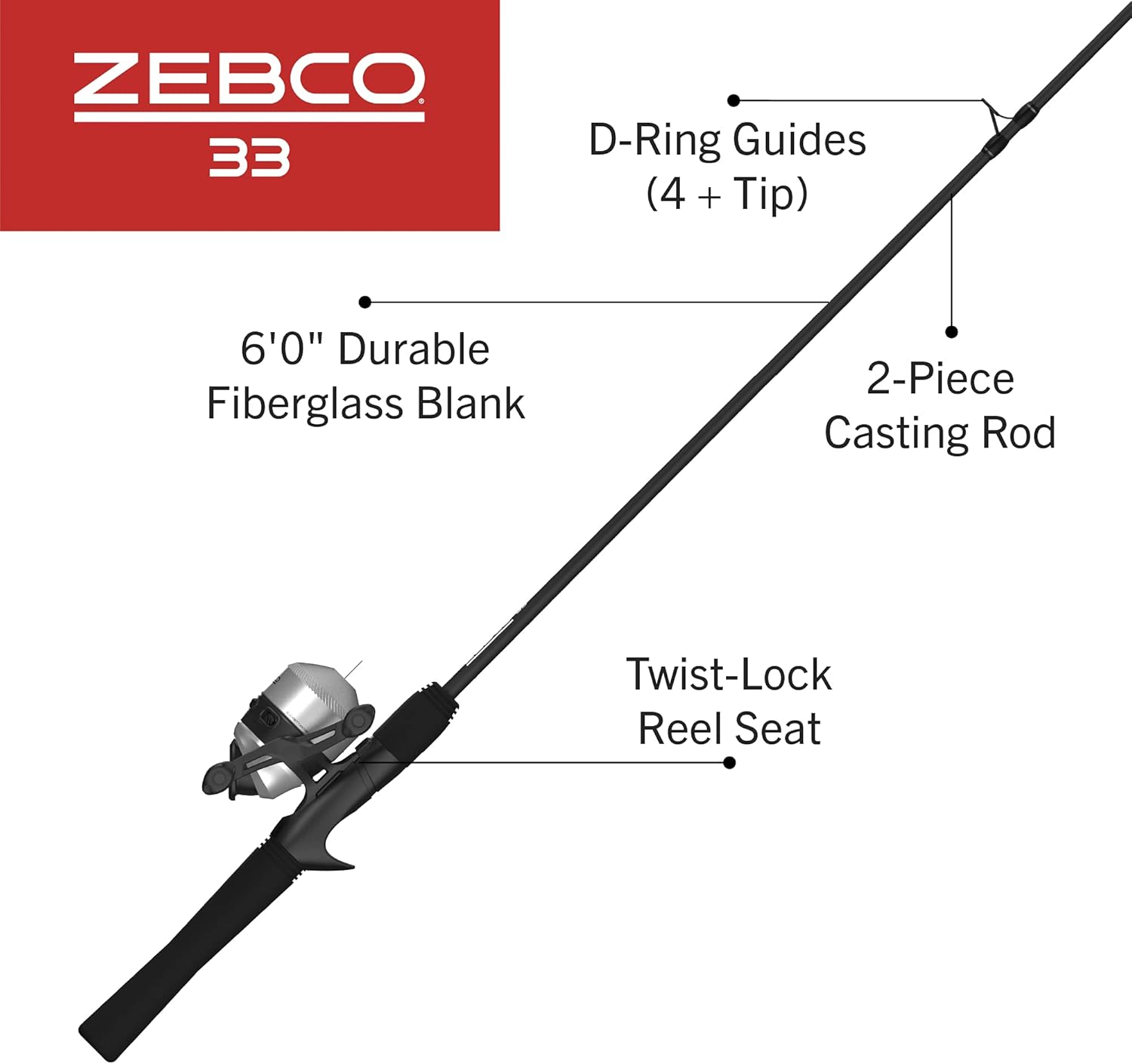 Zebco 33 Spincast and 606 Spincast Fishing Rod and Reel Combos with 6-Foot 2-Piece and 6-Foot 6-Inch 2-Piece Fiberglass Rods · v4