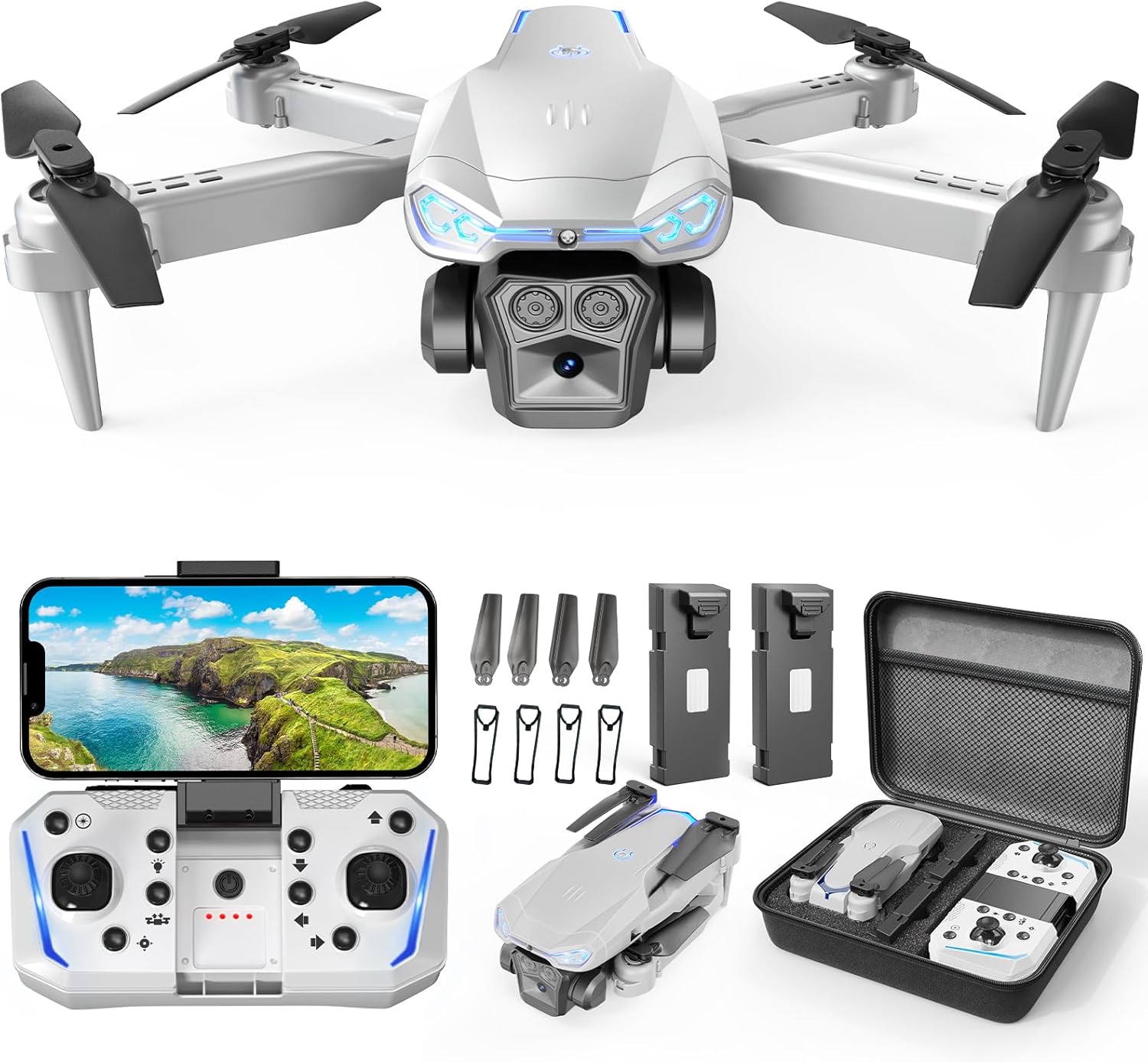 Drone con fotocamera 1080P HD, drone pieghevole FPV per adulti e bambini, decollo/atterraggio con una chiave, ribaltamenti 3D, mantenimento dell'altitudine, regolazione della velocità, modalità senza testa, 2 batterie, giocattoli e regali per ragazzi e ragazze, principianti