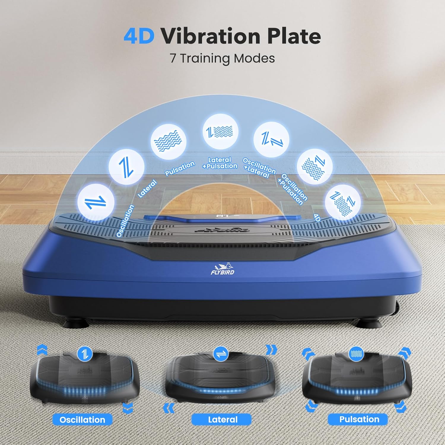 FLYBIRD 4D Vibration Plate 500 LBS Capacity, Oscillation, Linear, Pulsation Vibration Plate Exercise Machine, Triple Motors Vibration Plate for Lymphatic Drainage  Bone Density Building-Blue · v7