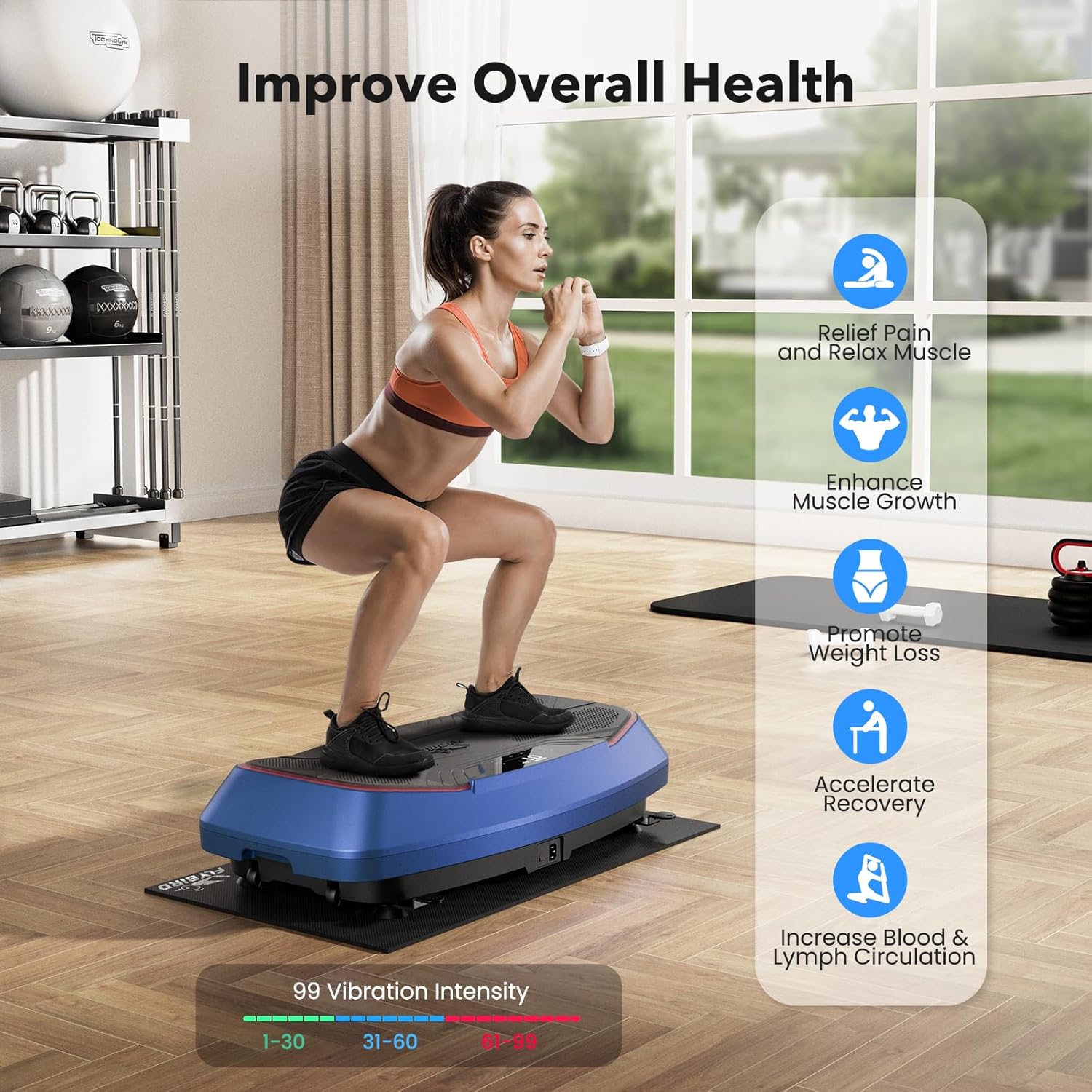 FLYBIRD 4D Vibration Plate 500 LBS Capacity, Oscillation, Linear, Pulsation Vibration Plate Exercise Machine, Triple Motors Vibration Plate for Lymphatic Drainage  Bone Density Building-Blue · v7