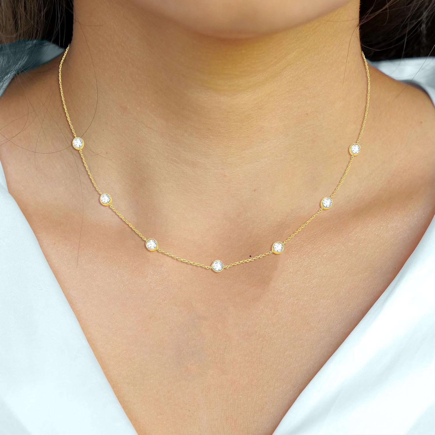 2,80cttw Station-Halskette mit rundem Lab-Grown-Diamant, Lünettenset, für Damen aus 925er-Sterlingsilber, 14-karätig vergoldet, Damenschmuck (VS1 Clarity, E-F Color), 40—18 Zoll