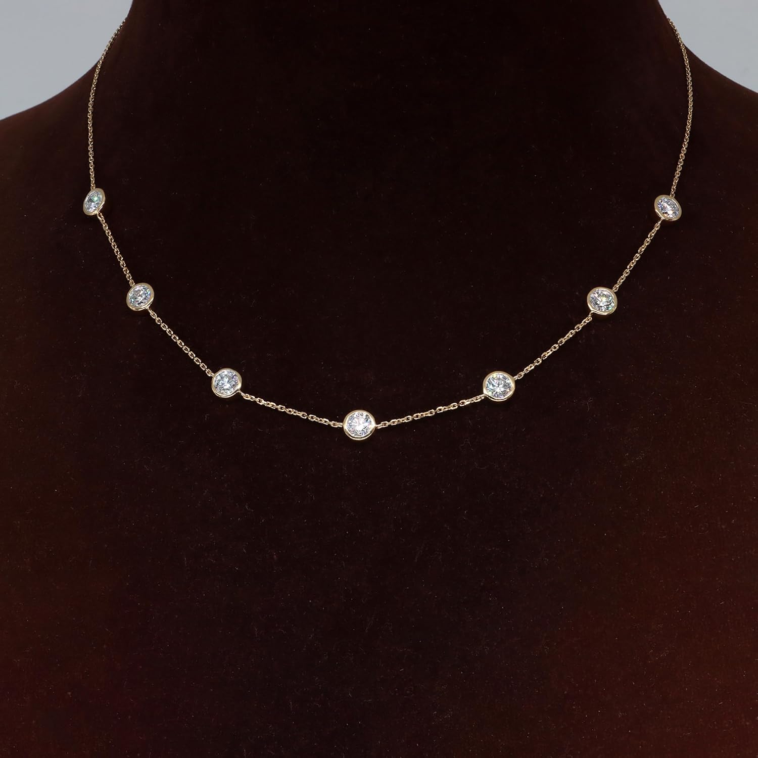 2,80cttw Station-Halskette mit rundem Lab-Grown-Diamant, Lünettenset, für Damen aus 925er-Sterlingsilber, 14-karätig vergoldet, Damenschmuck (VS1 Clarity, E-F Color), 40—18 Zoll