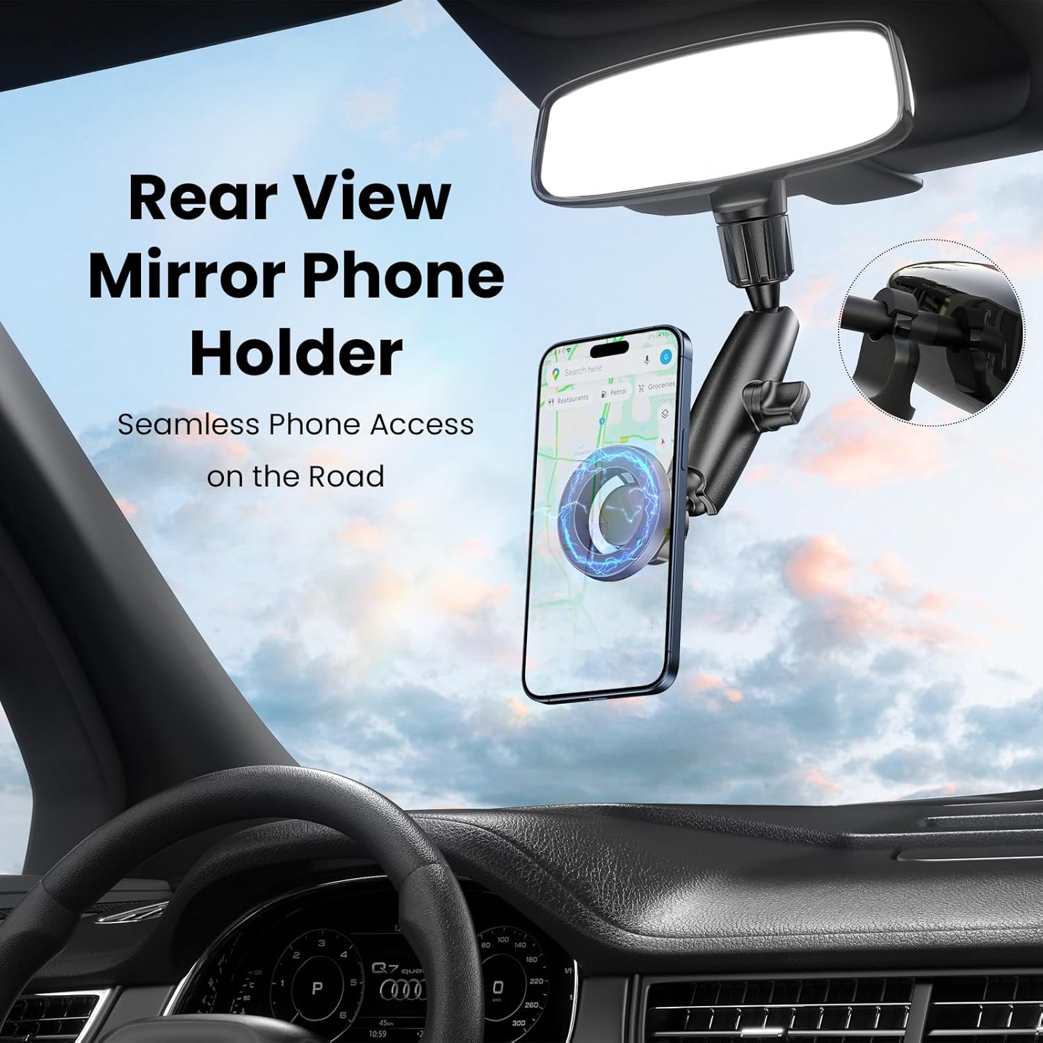 Magnetic Phone Holder for Car, Rear View Mirror Phone Holder, 360° Rotating Car Phone Holder Mount, Compatible with iPhone 15/14/13/12 Series and All Phones with Magsafe Case or Metal Ring