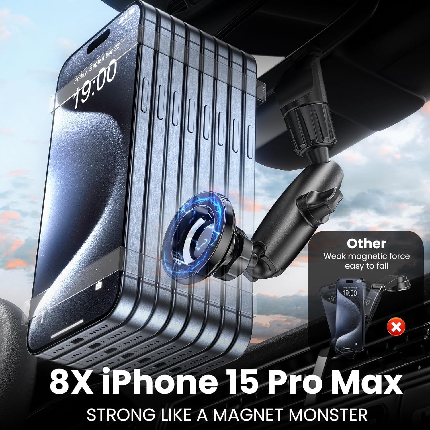 Magnetic Phone Holder for Car, Rear View Mirror Phone Holder, 360° Rotating Car Phone Holder Mount, Compatible with iPhone 15/14/13/12 Series and All Phones with Magsafe Case or Metal Ring