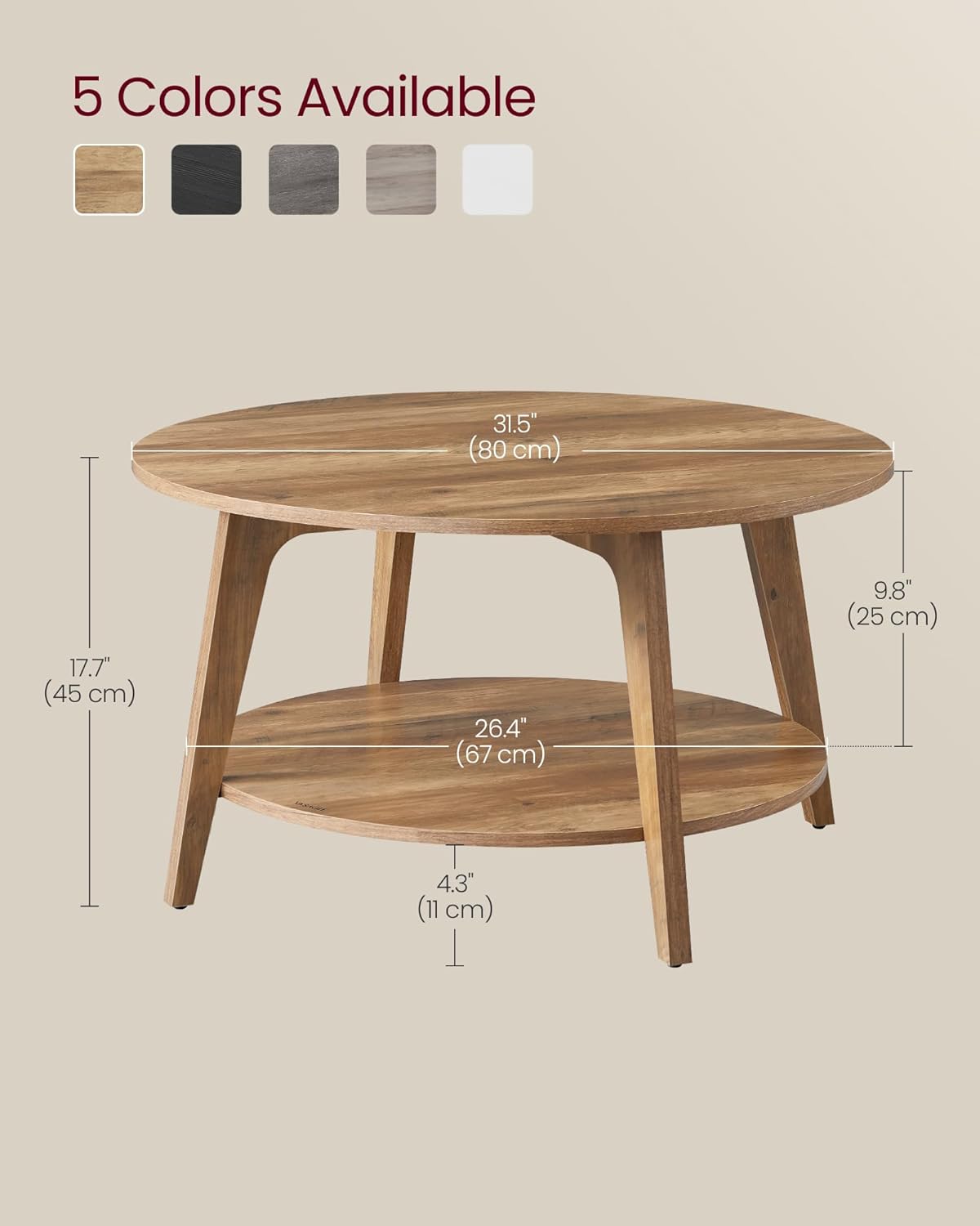 VASAGLE Round Coffee Table, 2 Tier Coffee Table with Storage, for Living Room, 31.5 x 17.7 Inches, Easy to Assemble, Honey Brown ULCT243K41 · v2