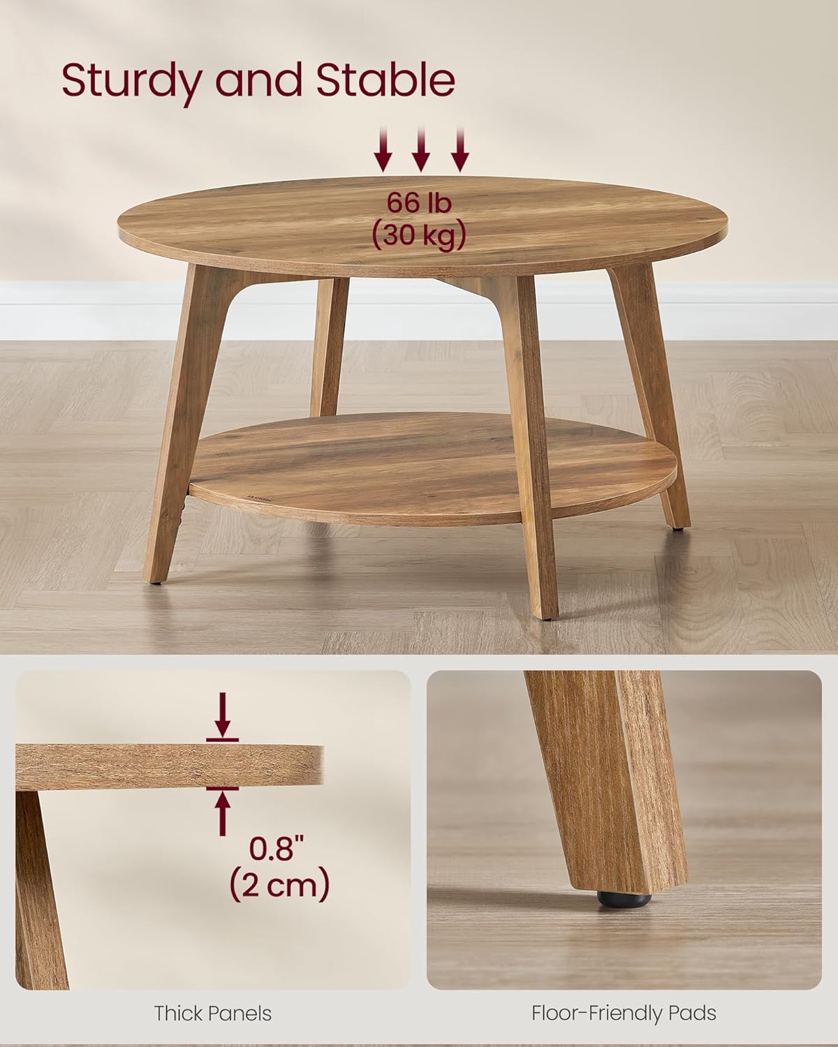 VASAGLE Round Coffee Table, 2 Tier Coffee Table with Storage, for Living Room, 31.5 x 17.7 Inches, Easy to Assemble, Honey Brown ULCT243K41 · v2