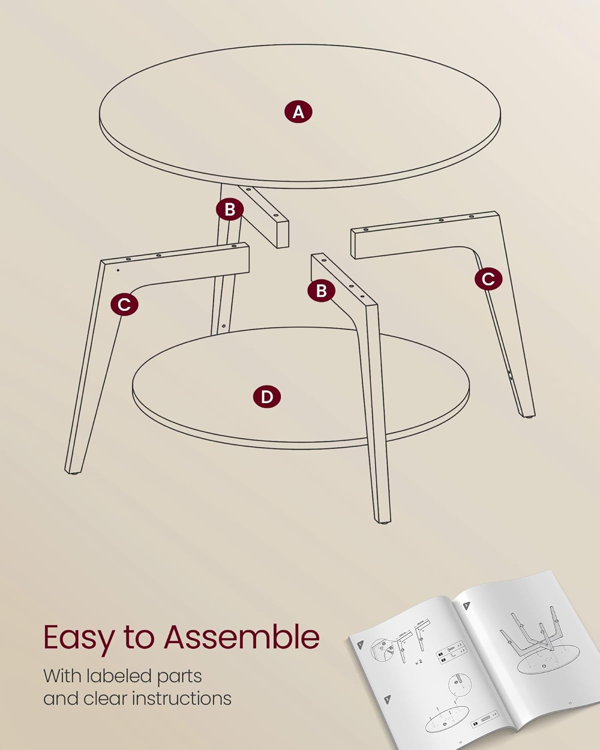 VASAGLE Round Coffee Table, 2 Tier Coffee Table with Storage, for Living Room, 31.5 x 17.7 Inches, Easy to Assemble, Honey Brown ULCT243K41 · v2