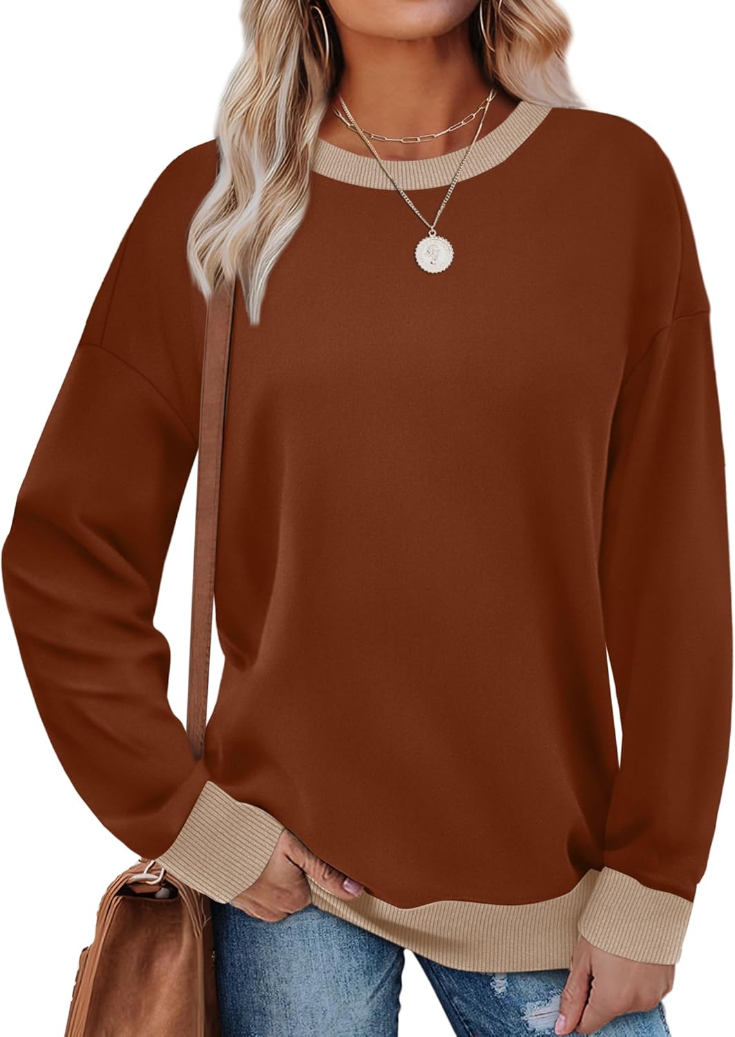 Saloogoe Sweatshirts for Women Crewneck Long Sleeve Loose Fit Tops Color Block Ribbed Trim Fashion 2024 · v3