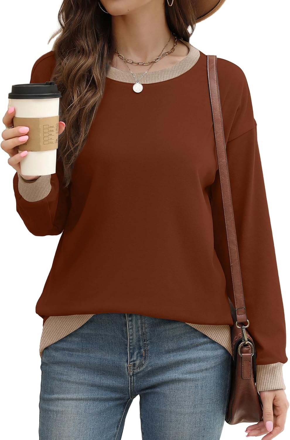 Saloogoe Sweatshirts for Women Crewneck Long Sleeve Loose Fit Tops Color Block Ribbed Trim Fashion 2024 · v3