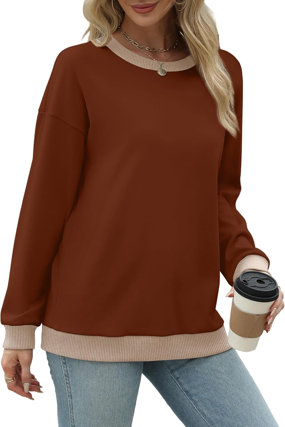 Saloogoe Sweatshirts for Women Crewneck Long Sleeve Loose Fit Tops Color Block Ribbed Trim Fashion 2024 · v3