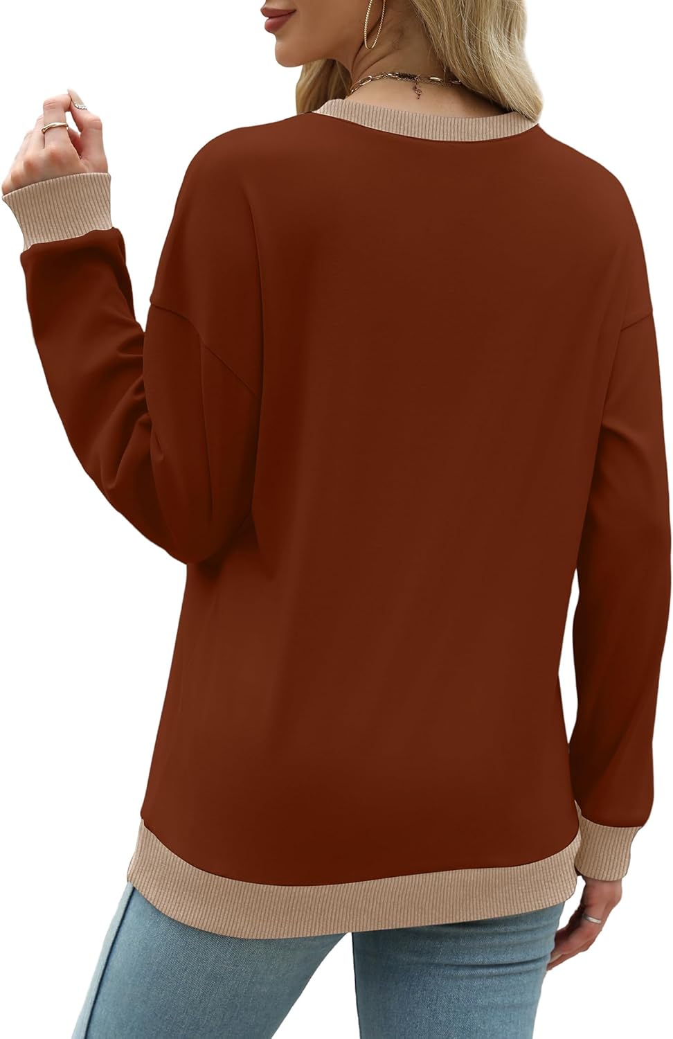 Saloogoe Sweatshirts for Women Crewneck Long Sleeve Loose Fit Tops Color Block Ribbed Trim Fashion 2024 · v3