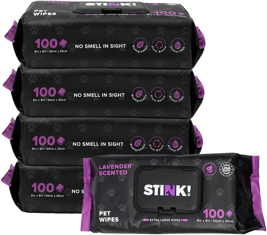 Stink! Plant Based Pet Wipes - Biodegradable - Dirt and Odor Control - Grooming Wipes for Easy Cleaning on Paws Body and Bum - Lavender Scented - 8 x 8" - 400 Count · v5