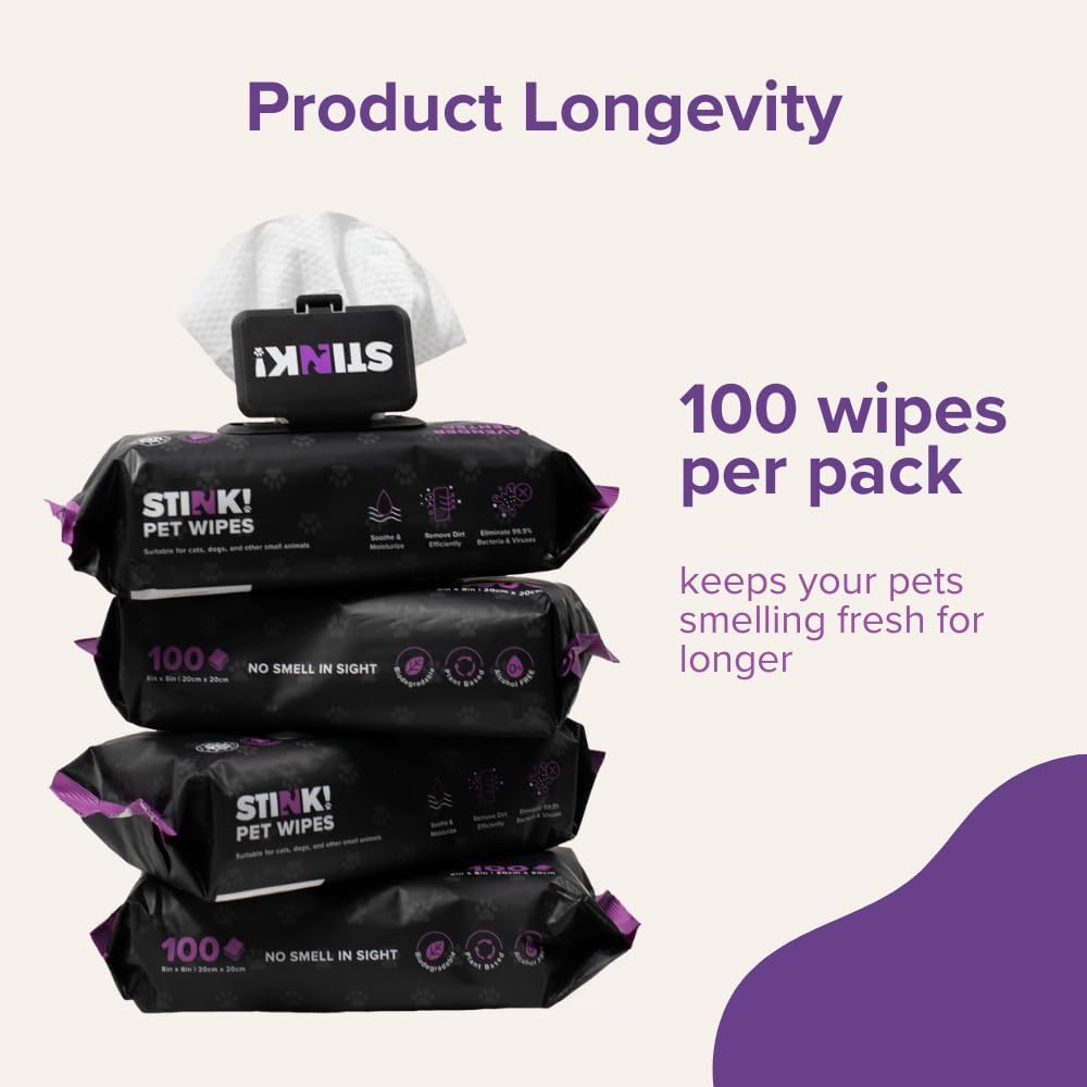Stink! Plant Based Pet Wipes - Biodegradable - Dirt and Odor Control - Grooming Wipes for Easy Cleaning on Paws Body and Bum - Lavender Scented - 8 x 8" - 400 Count · v5