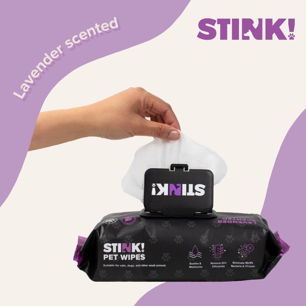 Stink! Plant Based Pet Wipes - Biodegradable - Dirt and Odor Control - Grooming Wipes for Easy Cleaning on Paws Body and Bum - Lavender Scented - 8 x 8" - 400 Count · v5