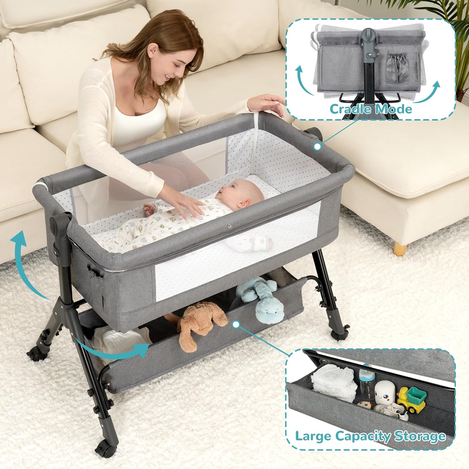 3 in 1 Baby Bassinet Bedside Sleeper, Bedside Crib for Baby, Adjustable Baby Bassinet with Wheels, Storage Basket, Mattress, Easy Assemble Folding Portable Baby Cradle (Grey)