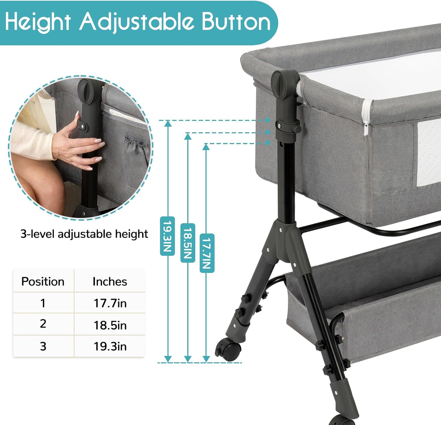 3 in 1 Baby Bassinet Bedside Sleeper, Bedside Crib for Baby, Adjustable Baby Bassinet with Wheels, Storage Basket, Mattress, Easy Assemble Folding Portable Baby Cradle (Grey)