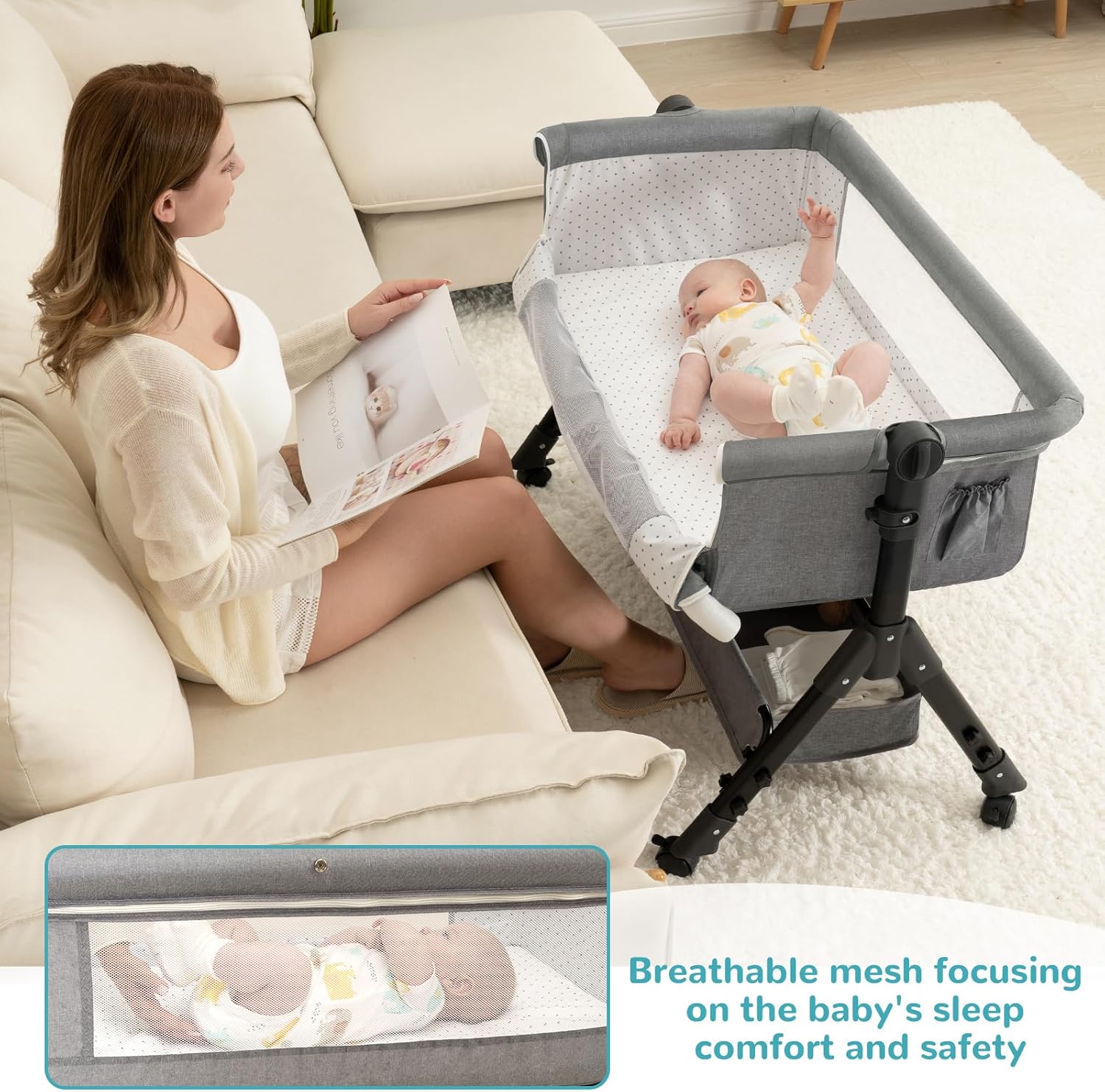 3 in 1 Baby Bassinet Bedside Sleeper, Bedside Crib for Baby, Adjustable Baby Bassinet with Wheels, Storage Basket, Mattress, Easy Assemble Folding Portable Baby Cradle (Grey)
