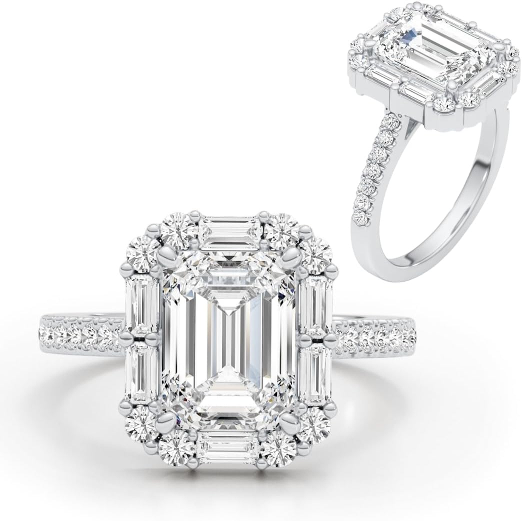 14K White/Yellow Gold Moissanite 3.15 TCW (2.5ct Center, VVS1 Clarity, D-E Color Emerald Shape) Engagement Ring With Baguette  Round Shaped Side Stones Promise Rings Gift For Her Rings For Women · v3