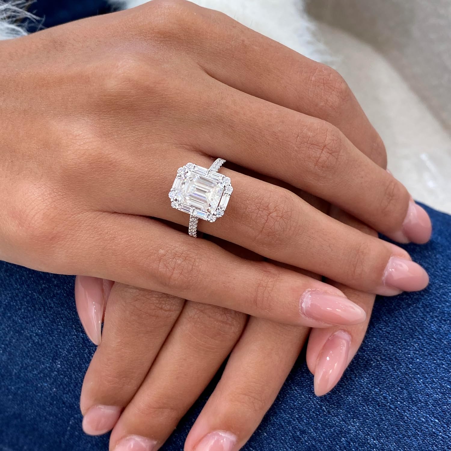 14K White/Yellow Gold Moissanite 3.15 TCW (2.5ct Center, VVS1 Clarity, D-E Color Emerald Shape) Engagement Ring With Baguette  Round Shaped Side Stones Promise Rings Gift For Her Rings For Women · v3