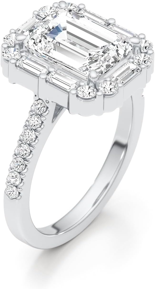 14K White/Yellow Gold Moissanite 3.15 TCW (2.5ct Center, VVS1 Clarity, D-E Color Emerald Shape) Engagement Ring With Baguette  Round Shaped Side Stones Promise Rings Gift For Her Rings For Women · v3