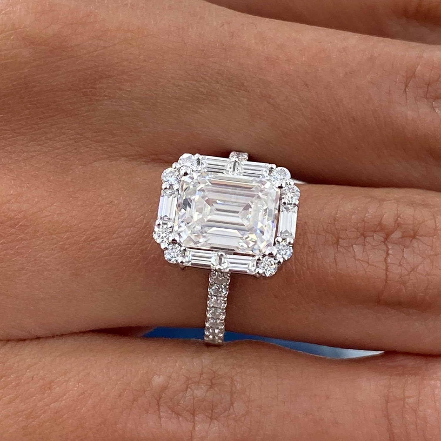 14K White/Yellow Gold Moissanite 3.15 TCW (2.5ct Center, VVS1 Clarity, D-E Color Emerald Shape) Engagement Ring With Baguette  Round Shaped Side Stones Promise Rings Gift For Her Rings For Women · v3