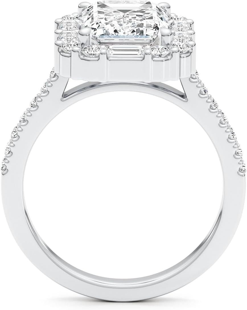14K White/Yellow Gold Moissanite 3.15 TCW (2.5ct Center, VVS1 Clarity, D-E Color Emerald Shape) Engagement Ring With Baguette  Round Shaped Side Stones Promise Rings Gift For Her Rings For Women · v3