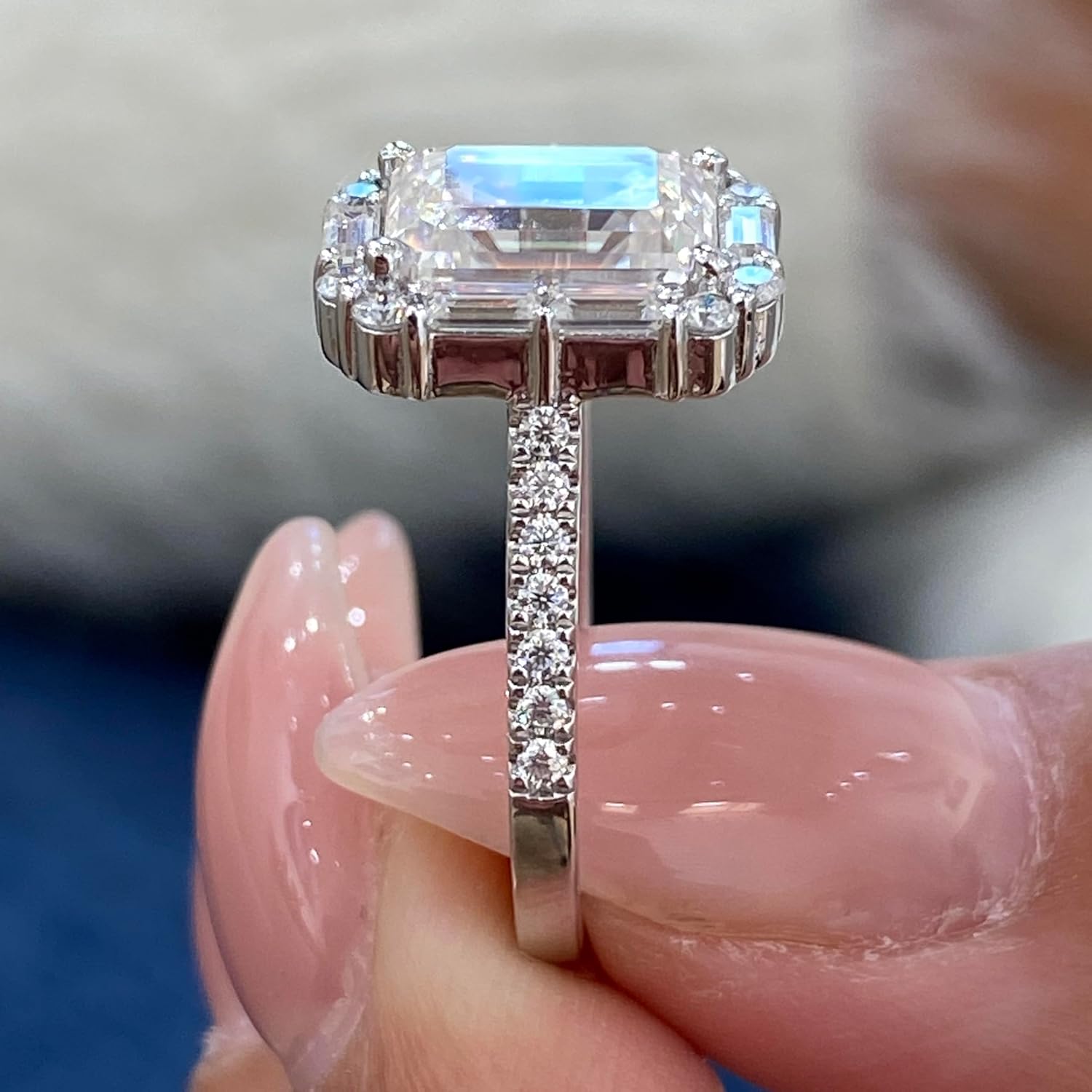 14K White/Yellow Gold Moissanite 3.15 TCW (2.5ct Center, VVS1 Clarity, D-E Color Emerald Shape) Engagement Ring With Baguette  Round Shaped Side Stones Promise Rings Gift For Her Rings For Women · v3