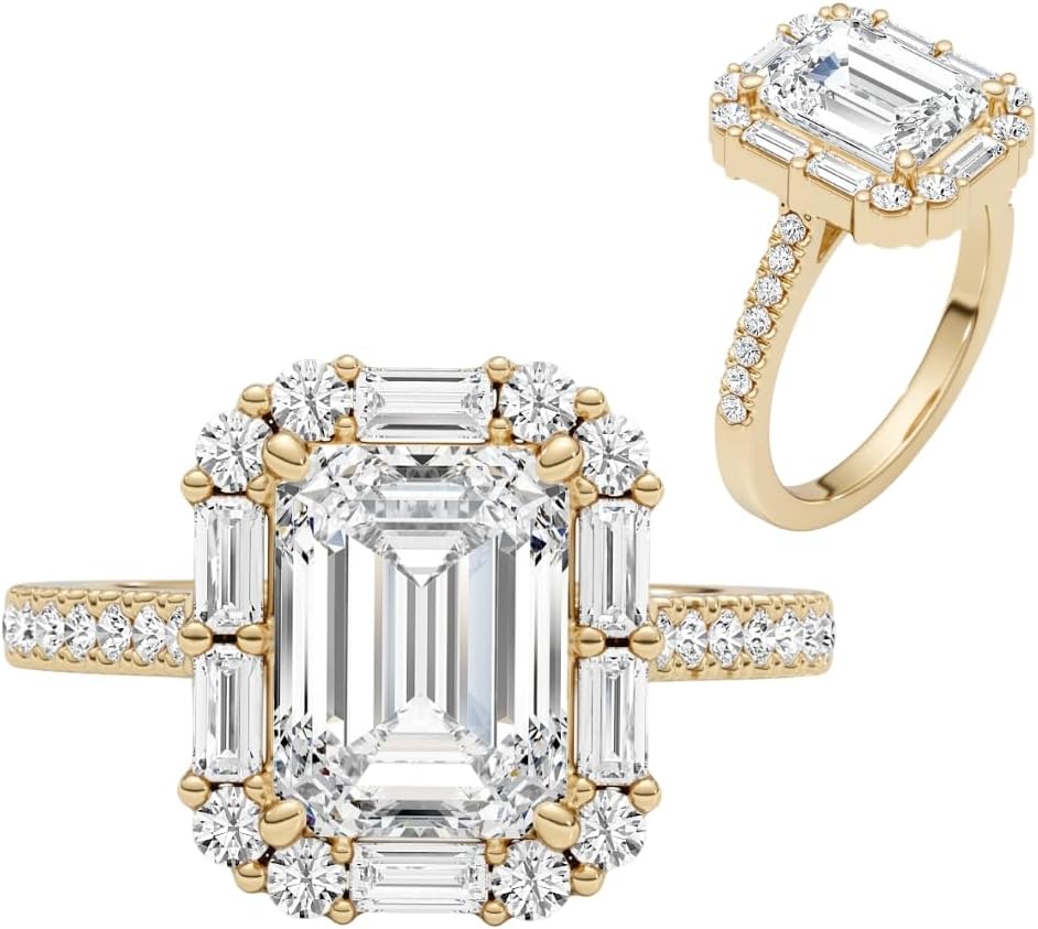 14K White/Yellow Gold Moissanite 3.15 TCW (2.5ct Center, VVS1 Clarity, D-E Color Emerald Shape) Engagement Ring With Baguette  Round Shaped Side Stones Promise Rings Gift For Her Rings For Women · v4