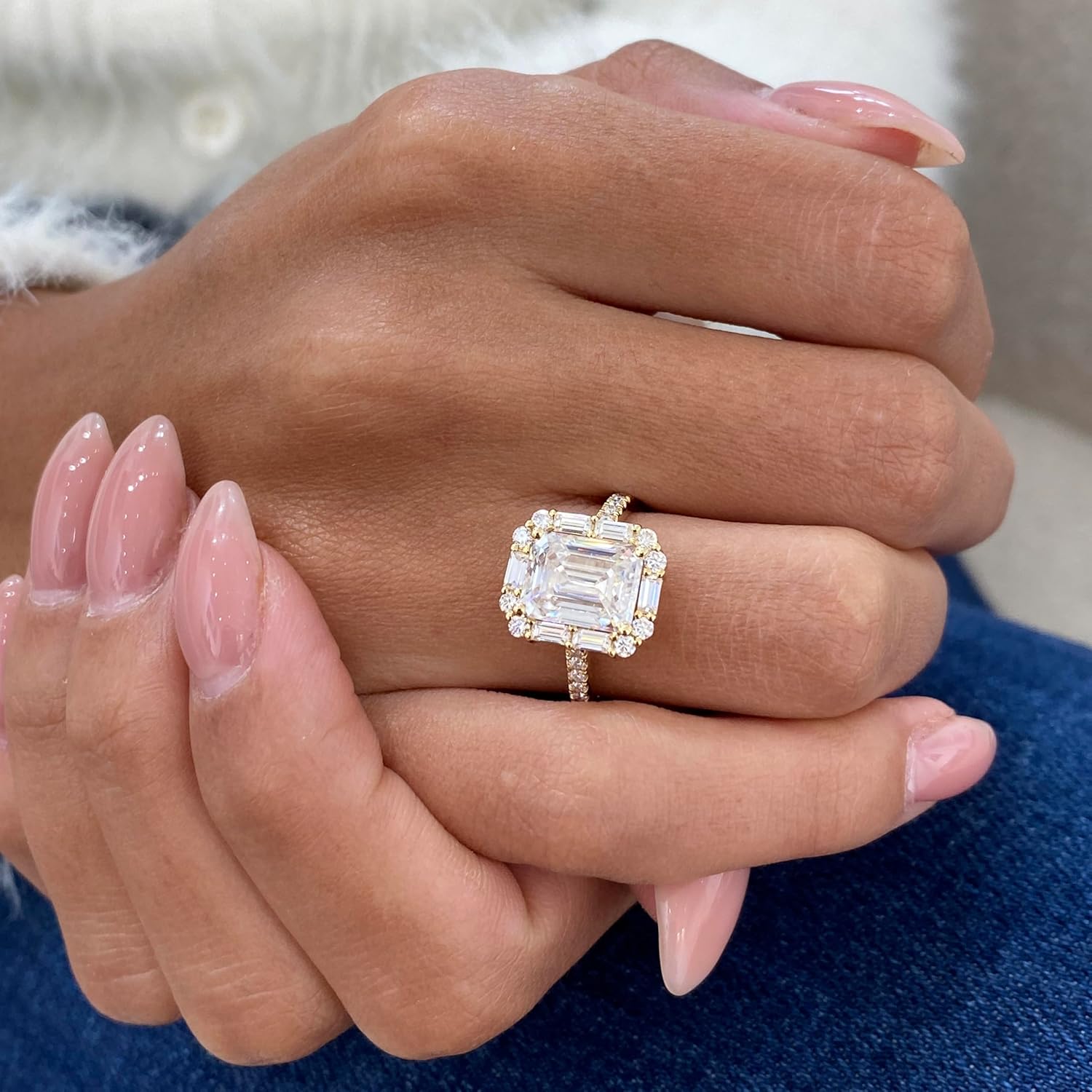 14K White/Yellow Gold Moissanite 3.15 TCW (2.5ct Center, VVS1 Clarity, D-E Color Emerald Shape) Engagement Ring With Baguette  Round Shaped Side Stones Promise Rings Gift For Her Rings For Women · v4