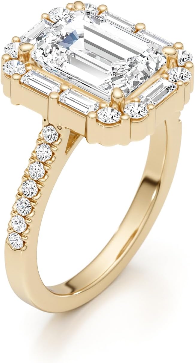 14K White/Yellow Gold Moissanite 3.15 TCW (2.5ct Center, VVS1 Clarity, D-E Color Emerald Shape) Engagement Ring With Baguette  Round Shaped Side Stones Promise Rings Gift For Her Rings For Women · v4